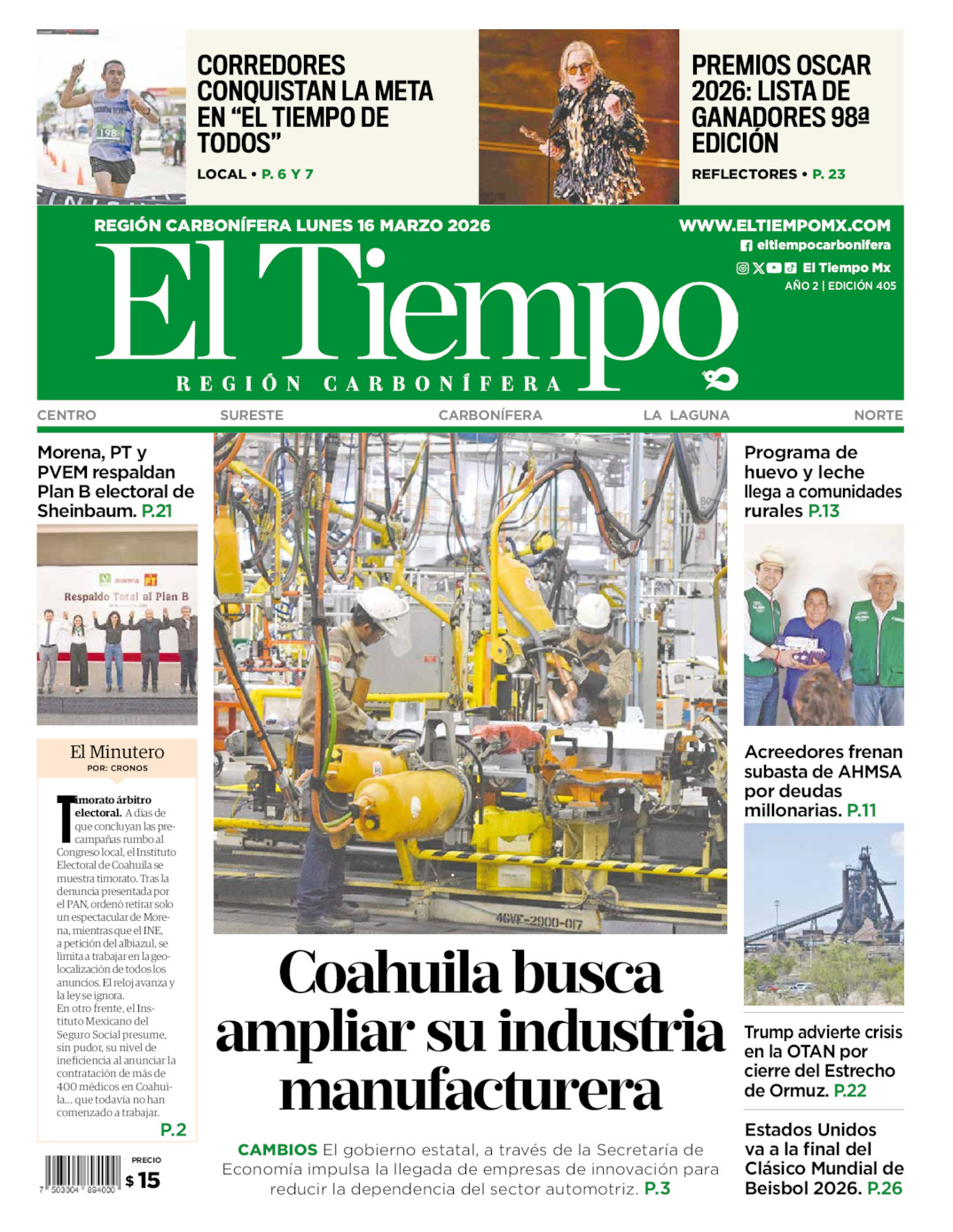 Edición impresa: Portada del lunes 16 de marzo de 2026, El Tiempo región <strong>Carbonífera</strong>