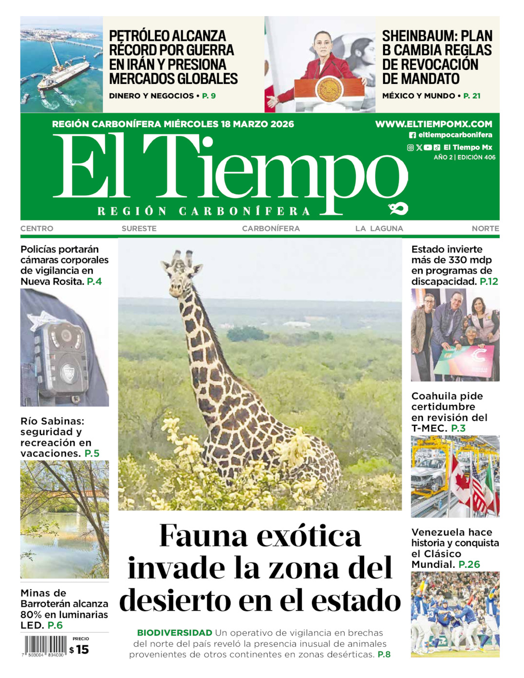 Edición impresa: Portada del miércoles 18 de marzo de 2026, El Tiempo región <strong>Carbonífera</strong>