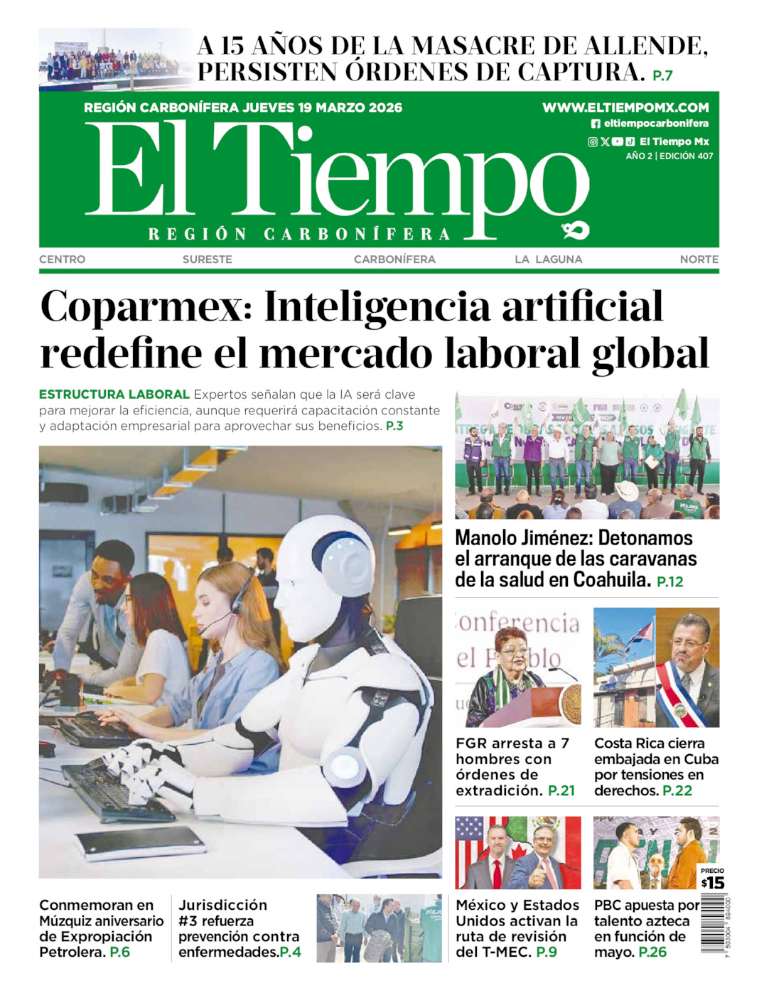 Edición impresa: Portada del jueves 19 de marzo de 2026, El Tiempo región <strong>Carbonífera</strong>