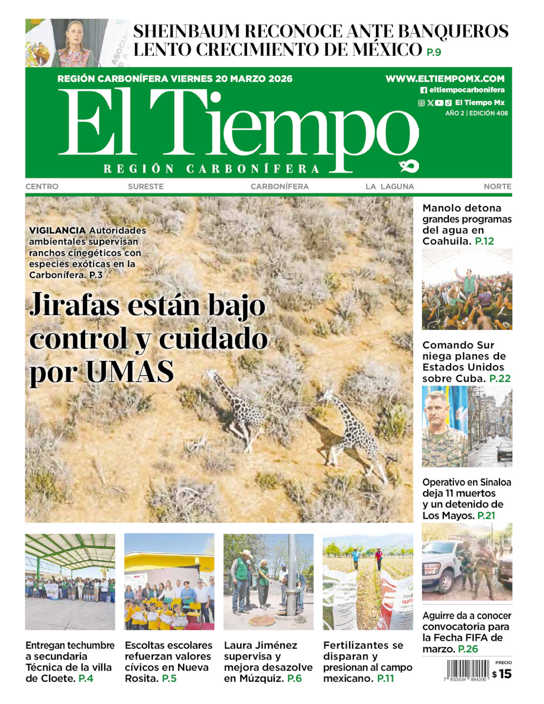 Edición impresa: Portada del viernes 20 de marzo de 2026, El Tiempo región <strong>Carbonífera</strong>