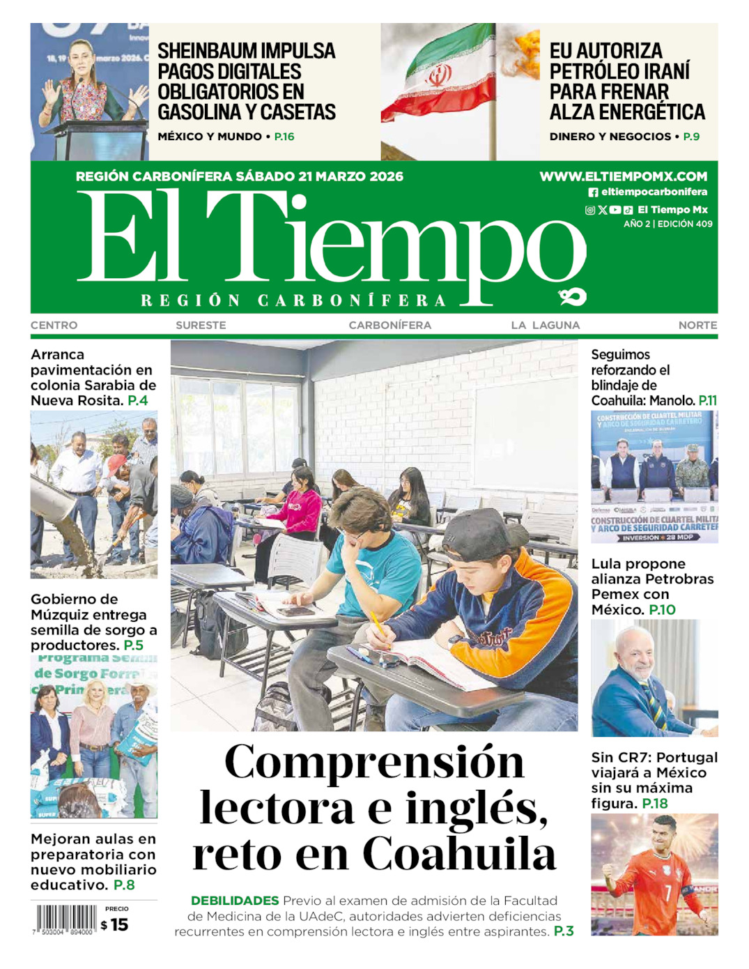 Edición impresa: Portada del sábado 21 de marzo de 2026, El Tiempo región <strong>Carbonífera</strong>