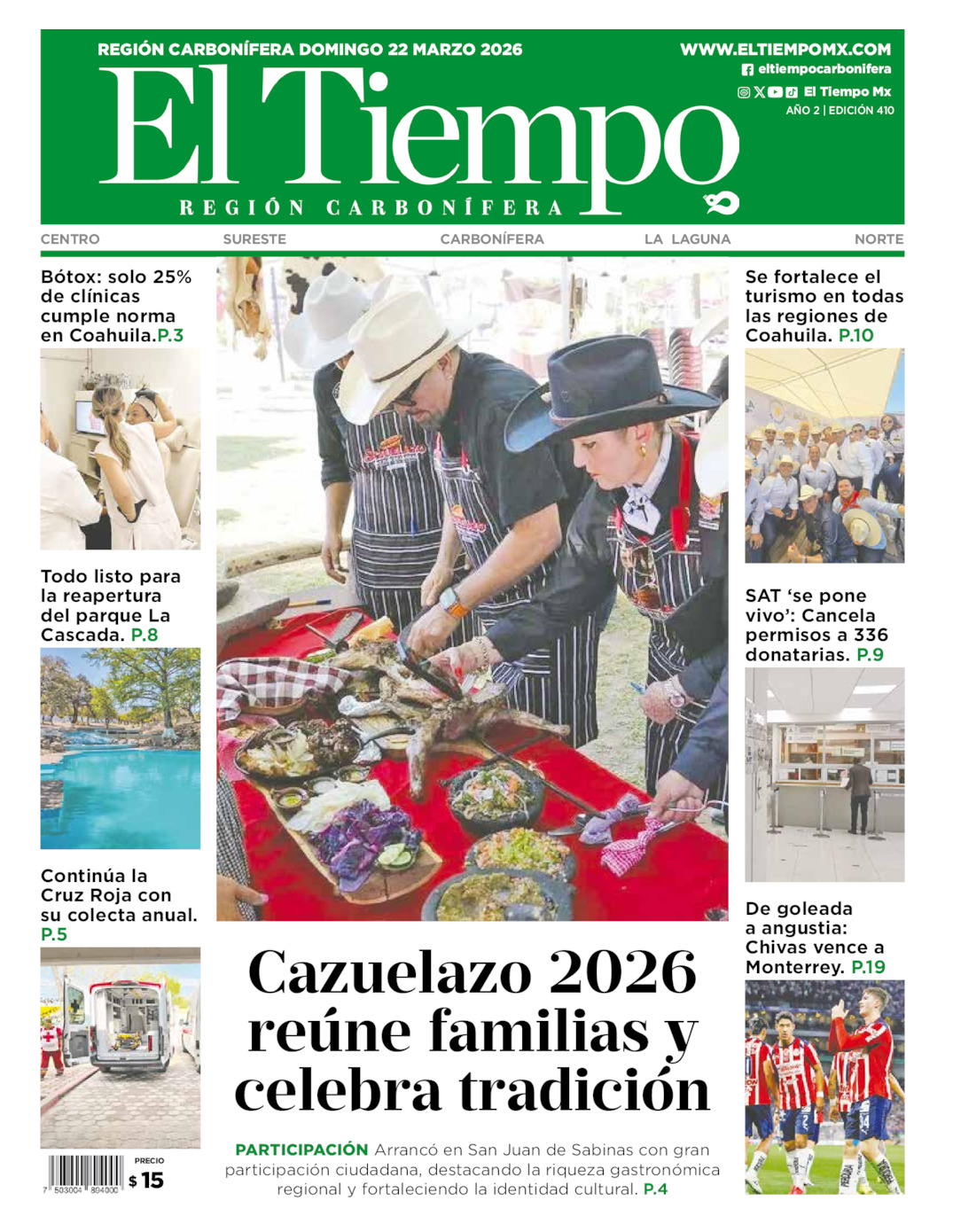Edición impresa: Portada del domingo 22 de marzo de 2026, El Tiempo región <strong>Carbonífera</strong>