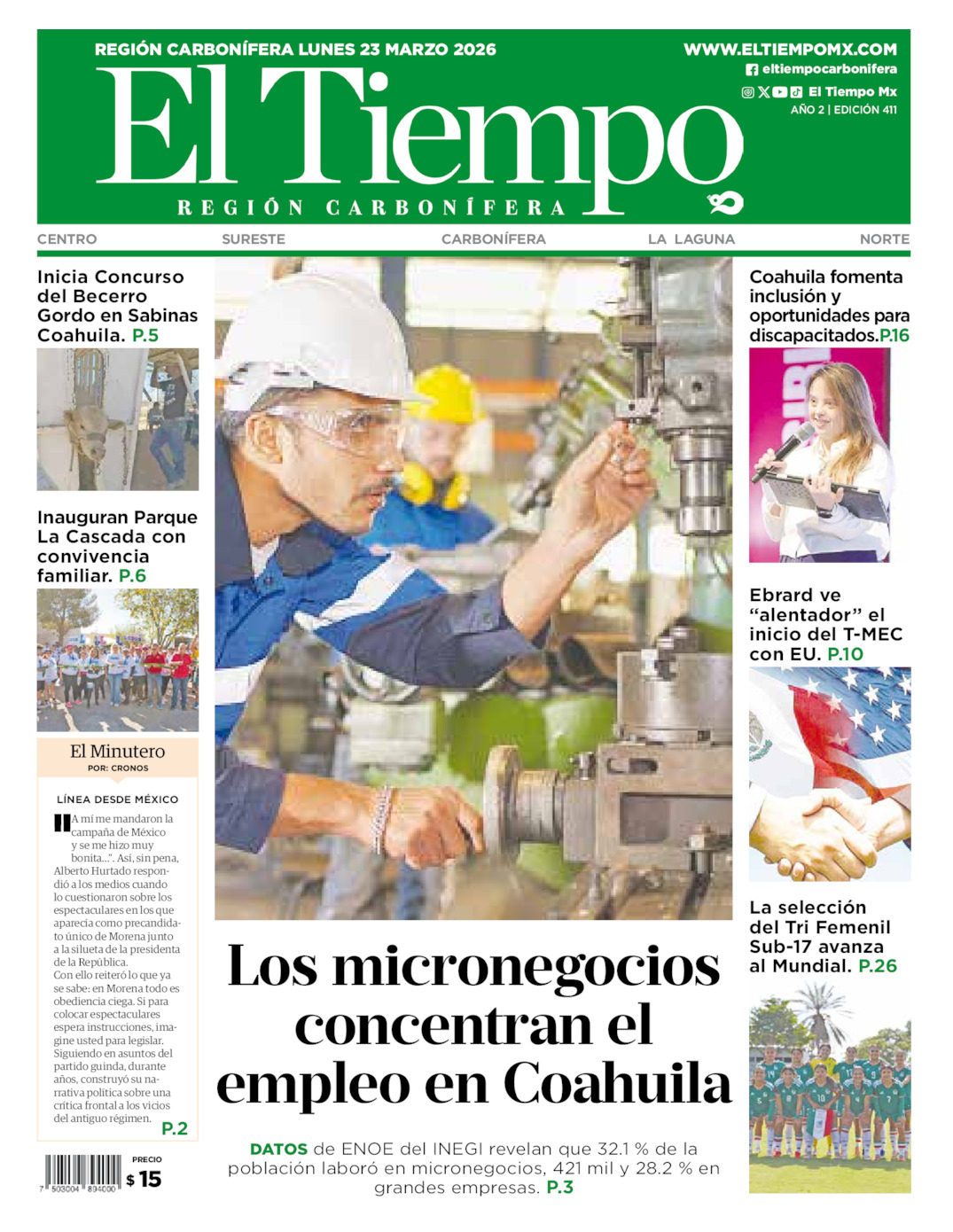 Edición impresa: Portada del lunes 23 de marzo de 2026, El Tiempo región <strong>Carbonífera</strong>