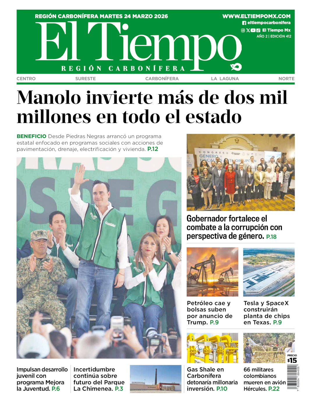 Edición impresa: Portada del martes 24 de marzo de 2026, El Tiempo región <strong>Carbonífera</strong>