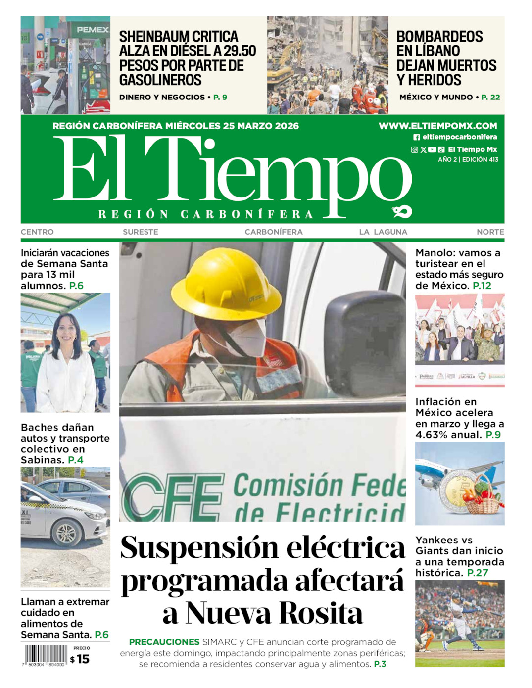 Edición impresa: Portada del miércoles 25 de marzo de 2026, El Tiempo región <strong>Carbonífera</strong>