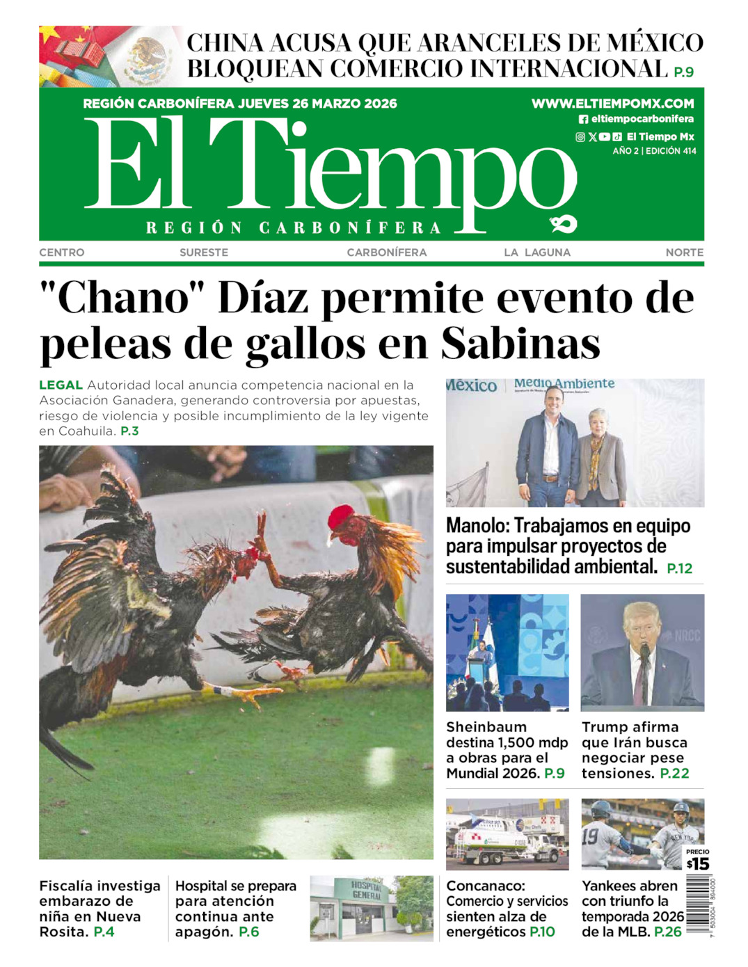 Edición impresa: Portada del jueves 26 de marzo de 2026, El Tiempo región <strong>Carbonífera</strong>