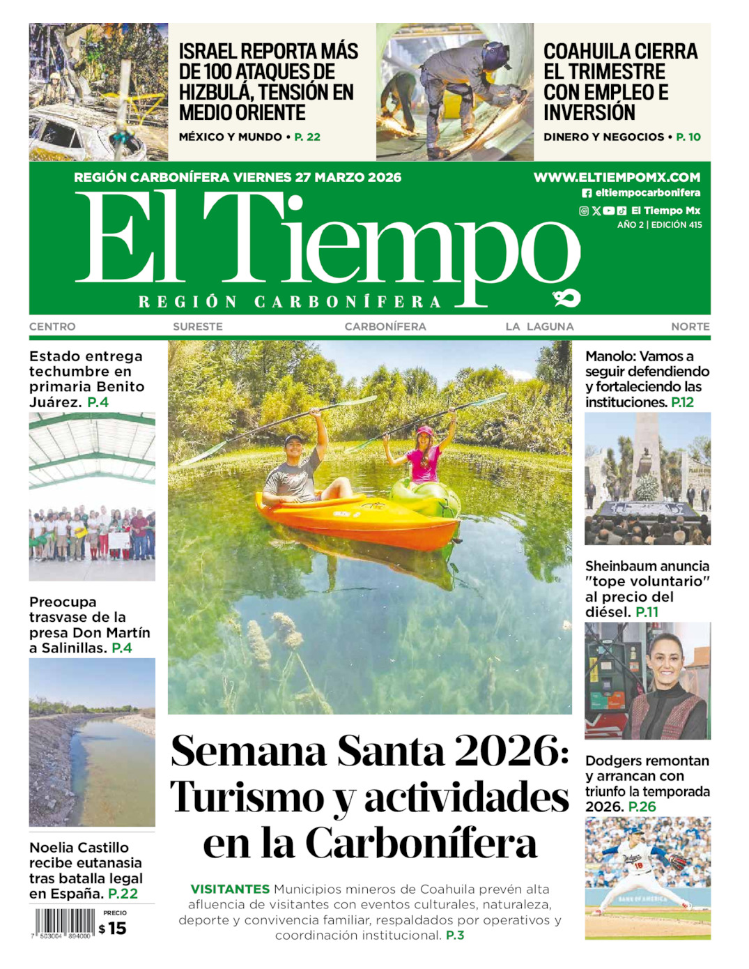 Edición impresa: Portada del viernes 27 de marzo de 2026, El Tiempo región <strong>Carbonífera</strong>