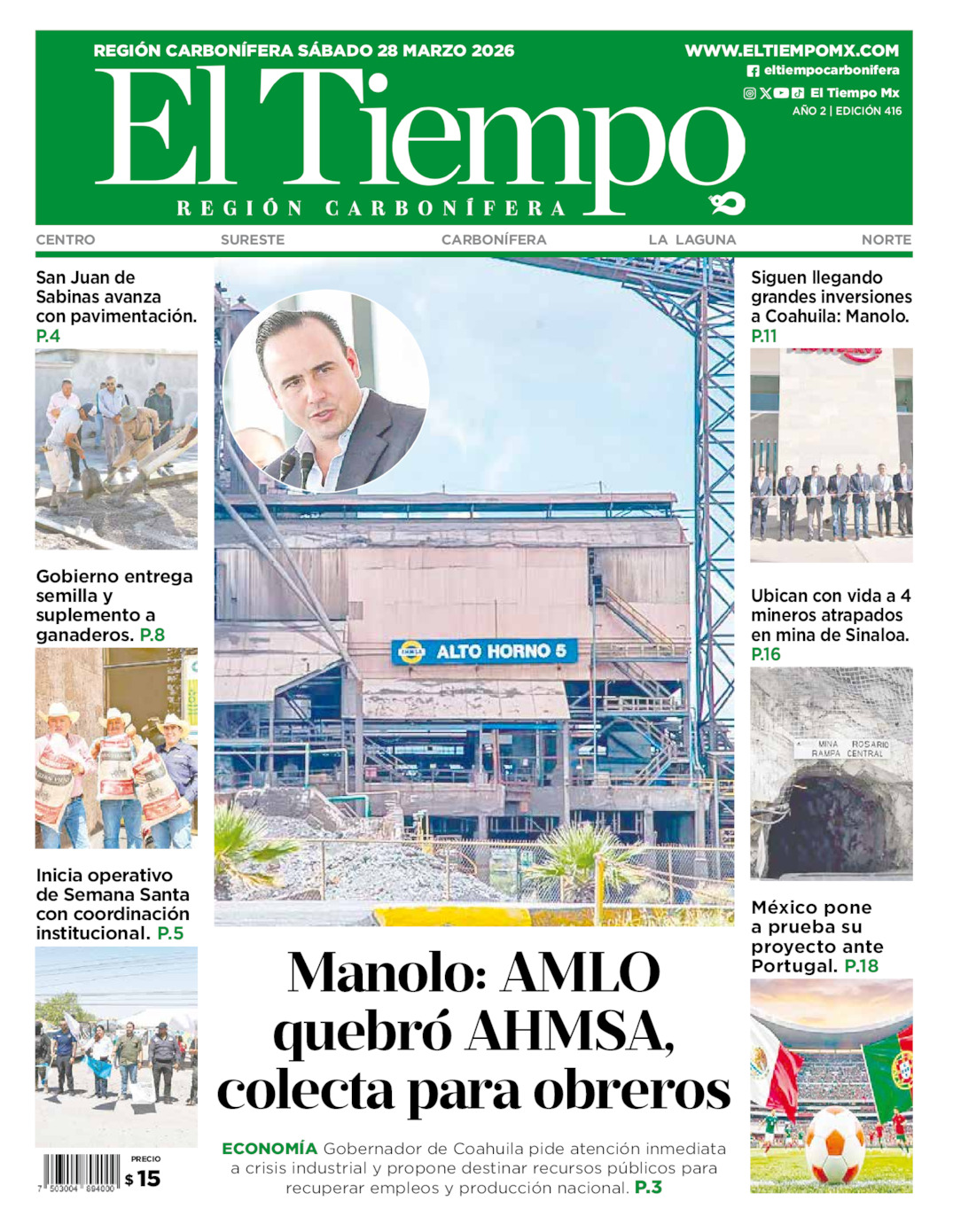 Edición impresa: Portada del sábado 28 de marzo de 2026, El Tiempo región <strong>Carbonífera</strong>