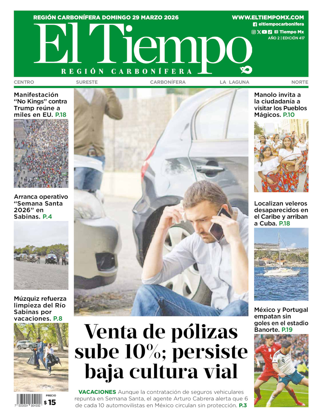 Edición impresa: Portada del domingo 29 de marzo de 2026, El Tiempo región <strong>Carbonífera</strong>