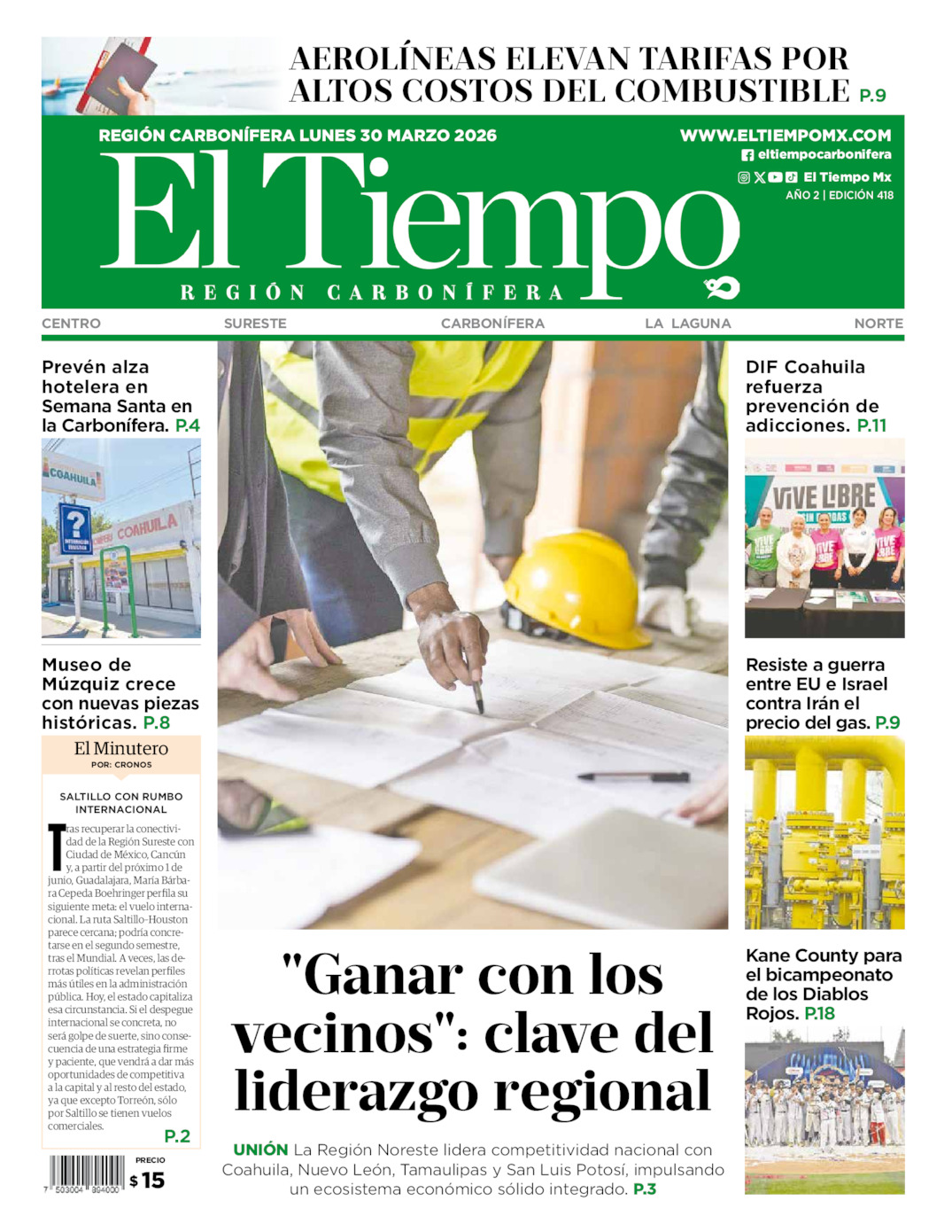 Edición impresa: Portada del lunes 30 de marzo de 2026, El Tiempo región <strong>Carbonífera</strong>