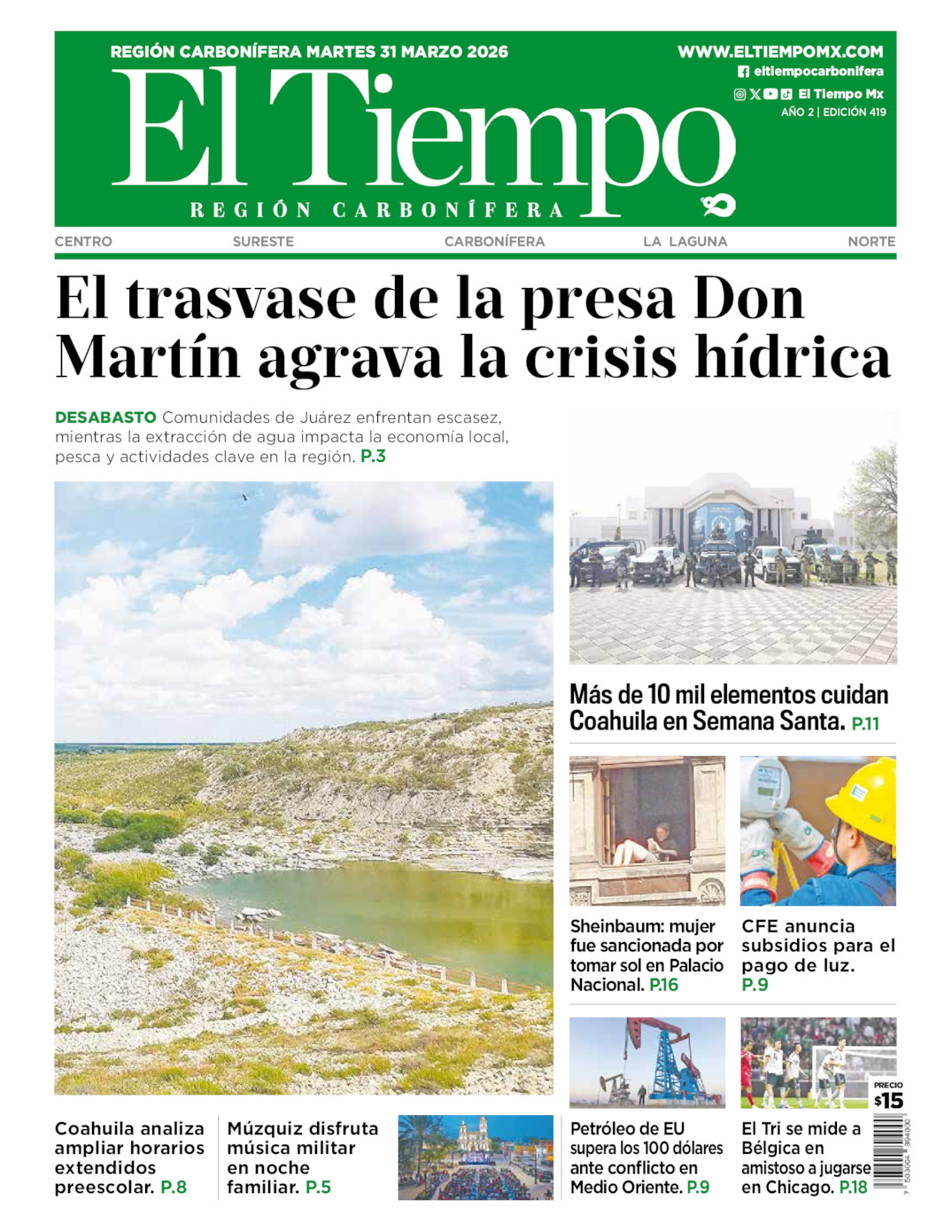 Edición impresa: Portada del martes 31 de marzo de 2026, El Tiempo región <strong>Carbonífera</strong>