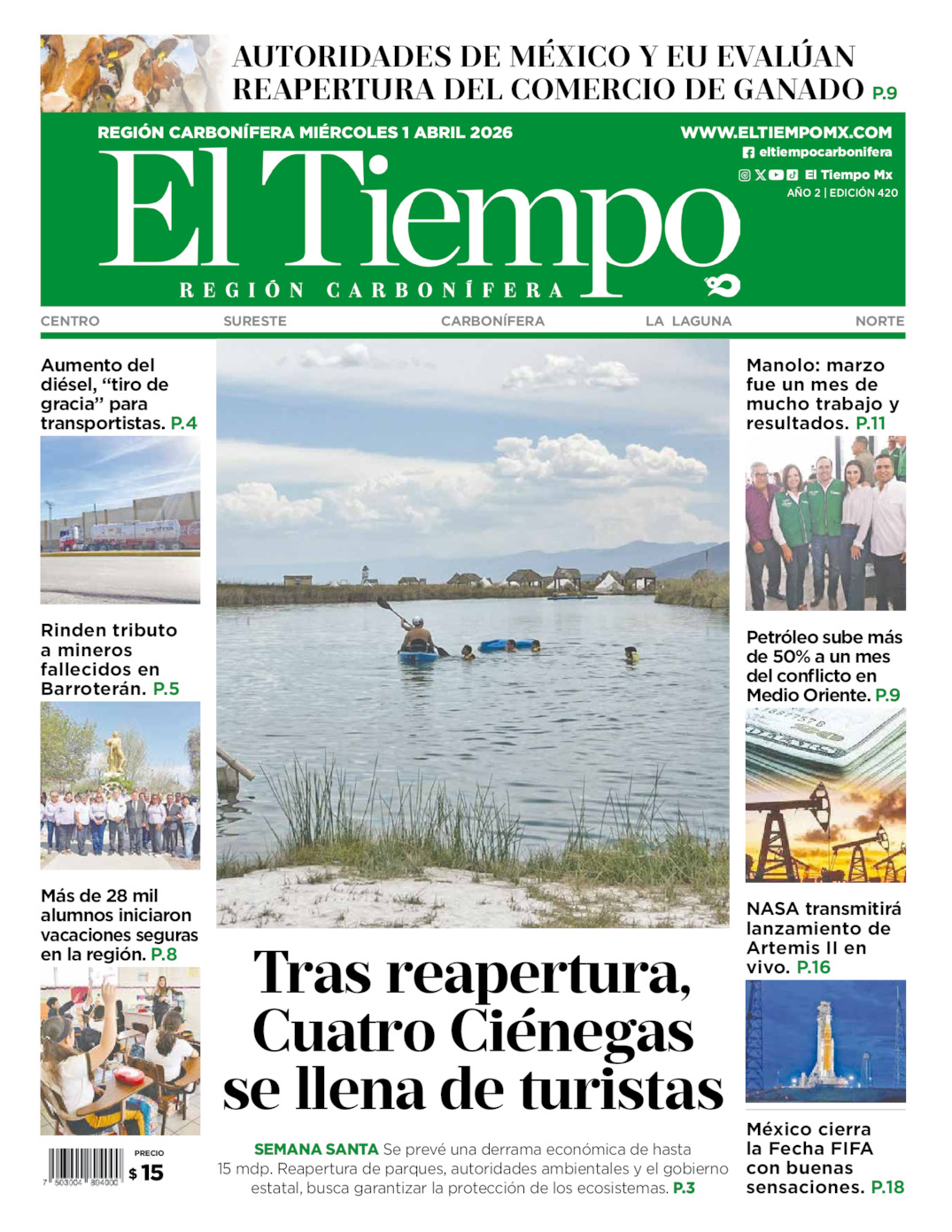 Edición impresa: Portada del miércoles 01 de abril de 2026, El Tiempo región <strong>Carbonífera</strong>