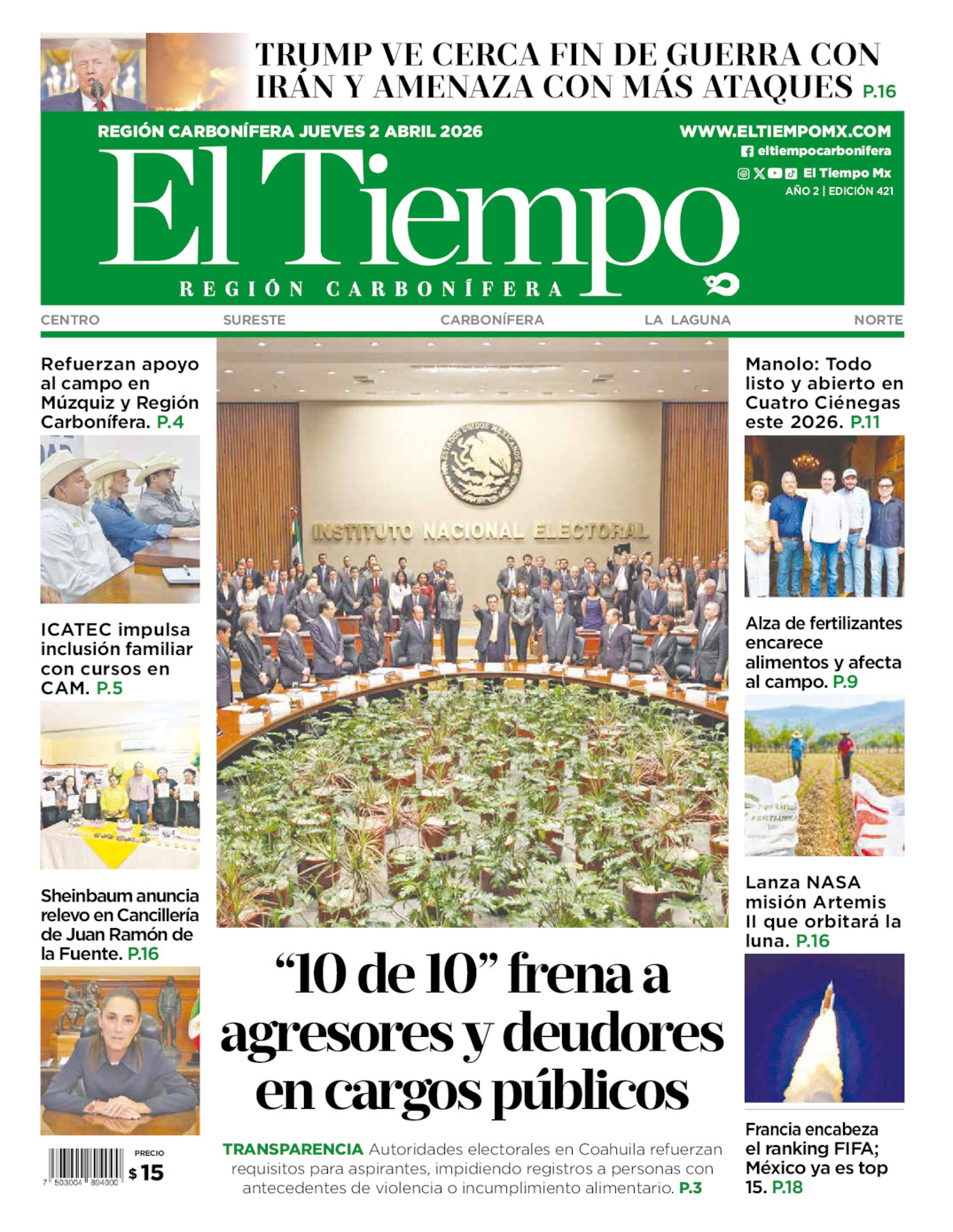 Edición impresa: Portada del jueves 02 de abril de 2026, El Tiempo región <strong>Carbonífera</strong>