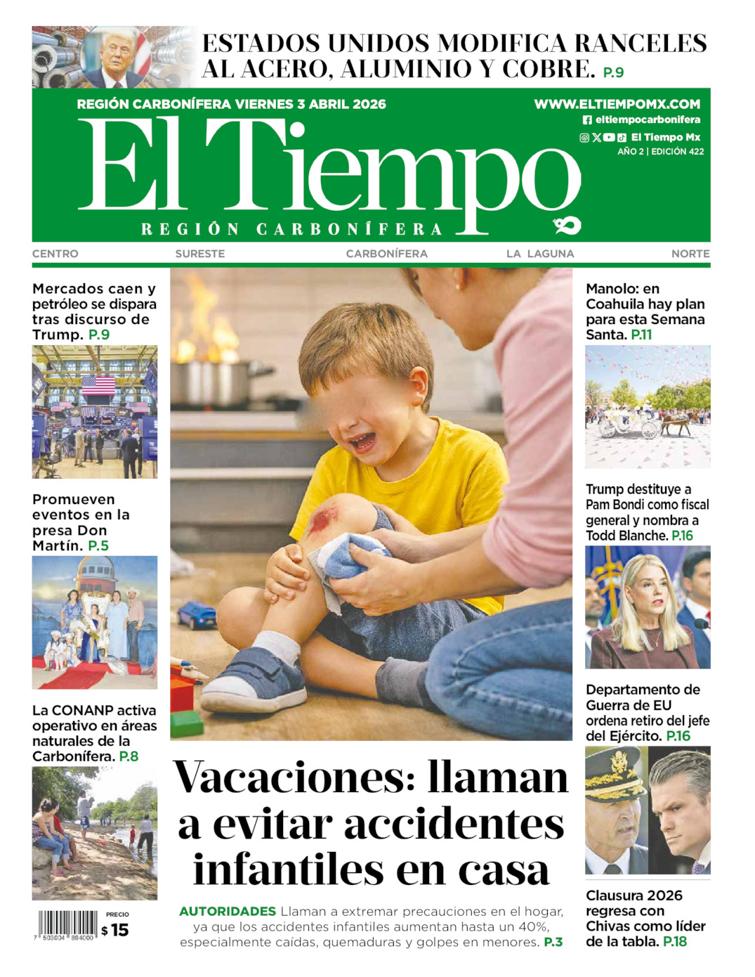 Edición impresa: Portada del viernes 03 de abril de 2026, El Tiempo región <strong>Carbonífera</strong>