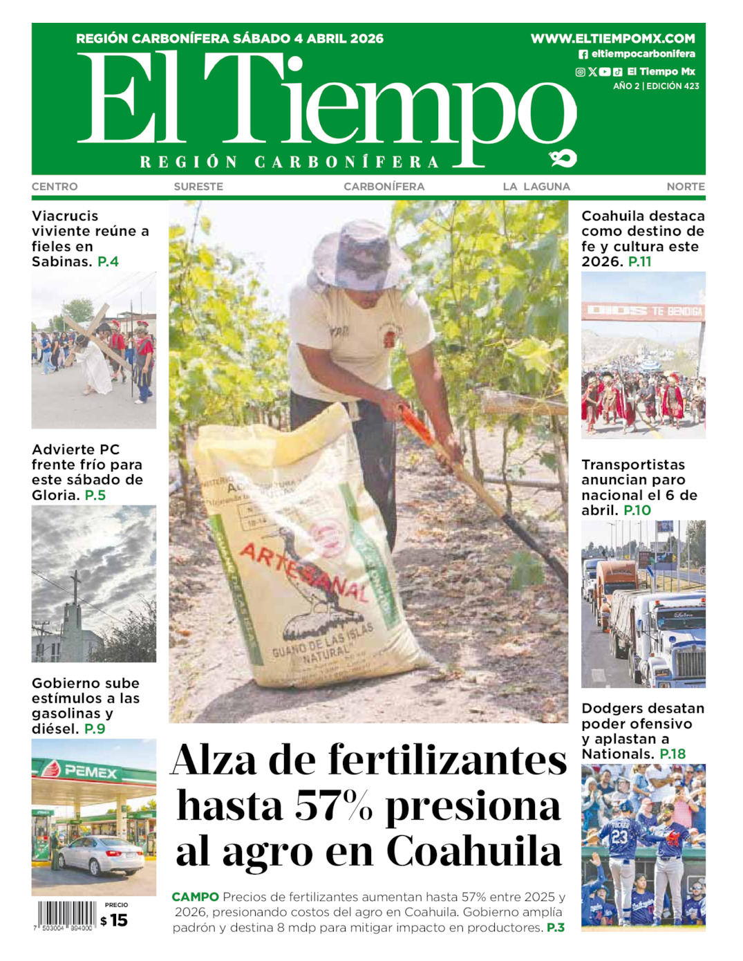 Edición impresa: Portada del sábado 04 de abril de 2026, El Tiempo región <strong>Carbonífera</strong>