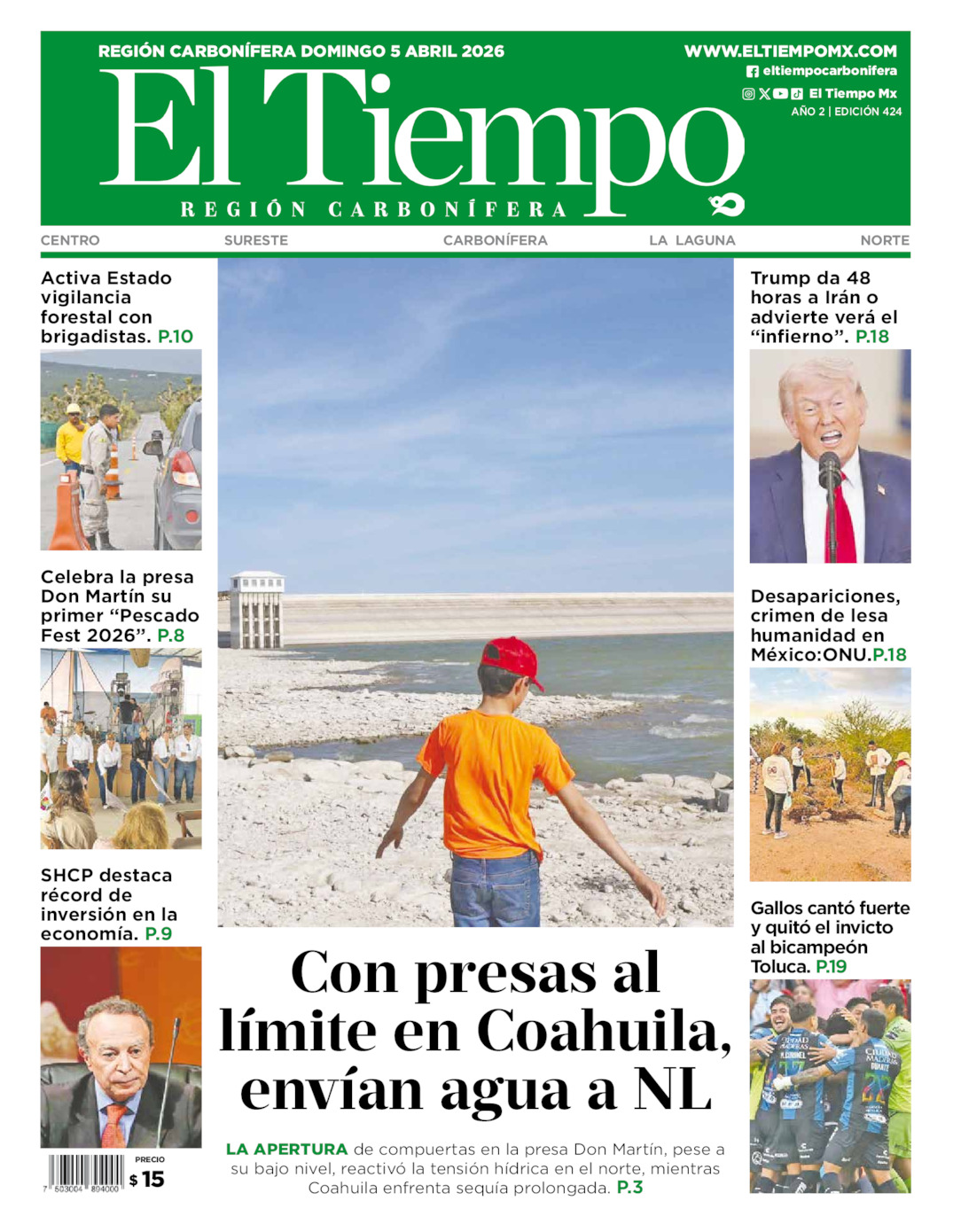 Edición impresa: Portada del domingo 05 de abril de 2026, El Tiempo región <strong>Carbonífera</strong>