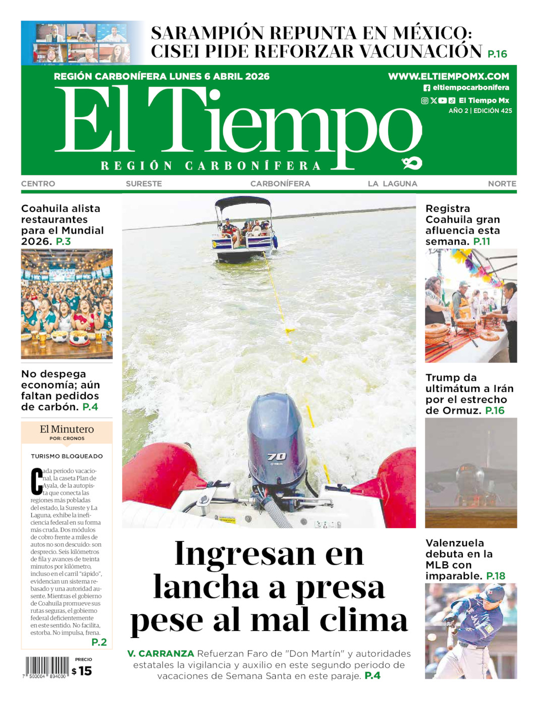 Edición impresa: Portada del lunes 06 de abril de 2026, El Tiempo región <strong>Carbonífera</strong>