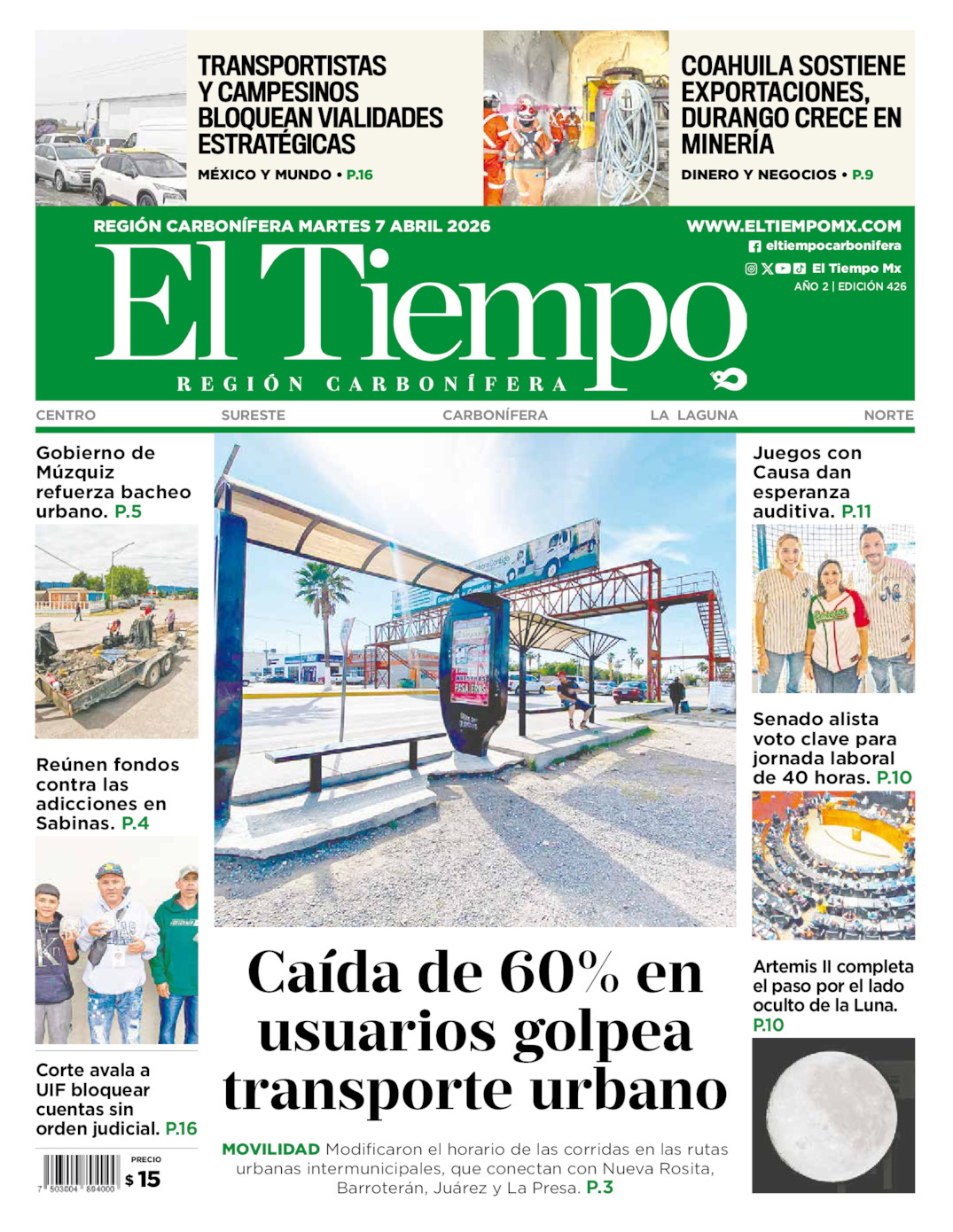 Edición impresa: Portada del martes 07 de abril de 2026, El Tiempo región <strong>Carbonífera</strong>