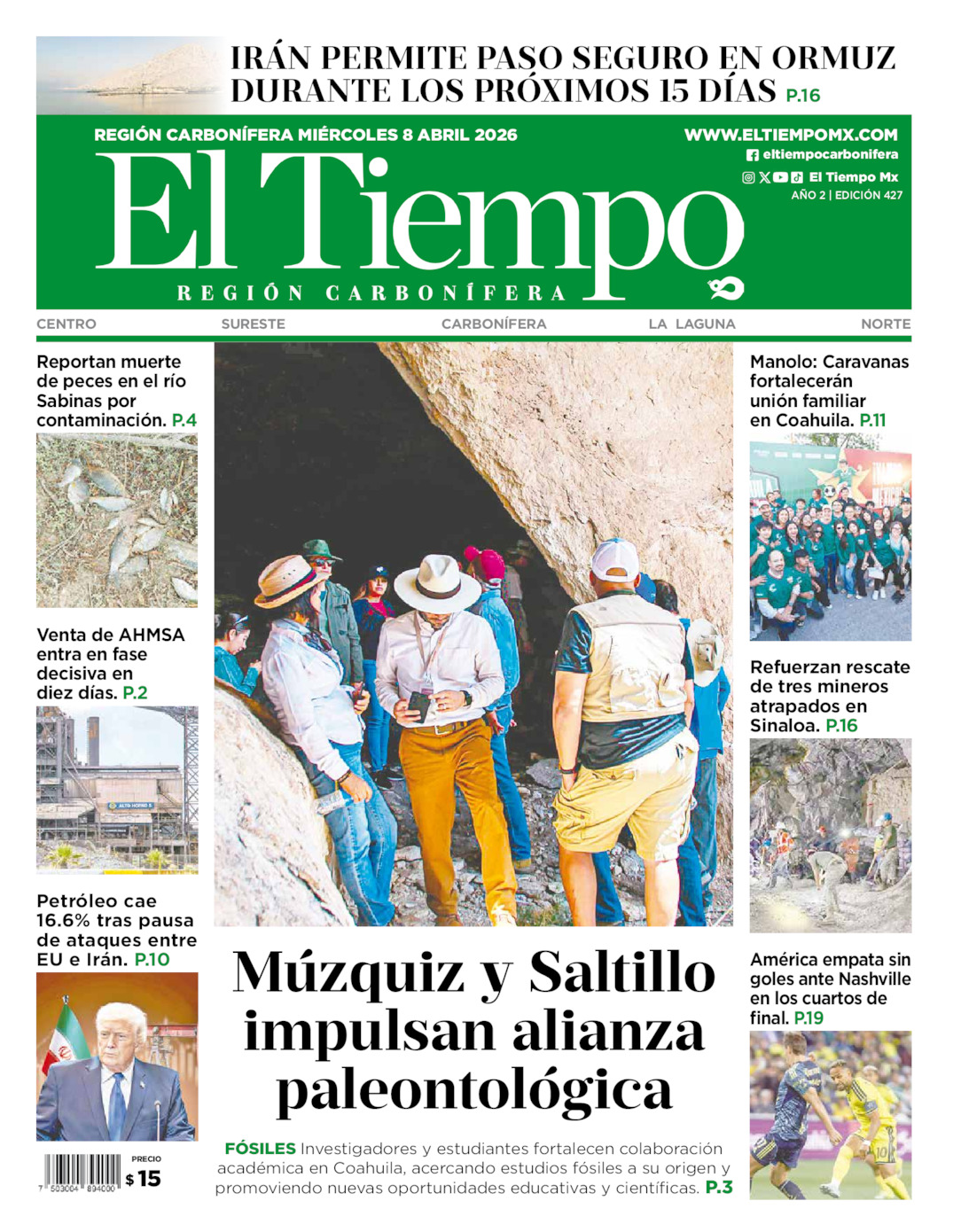 Edición impresa: Portada del miércoles 08 de abril de 2026, El Tiempo región <strong>Carbonífera</strong>