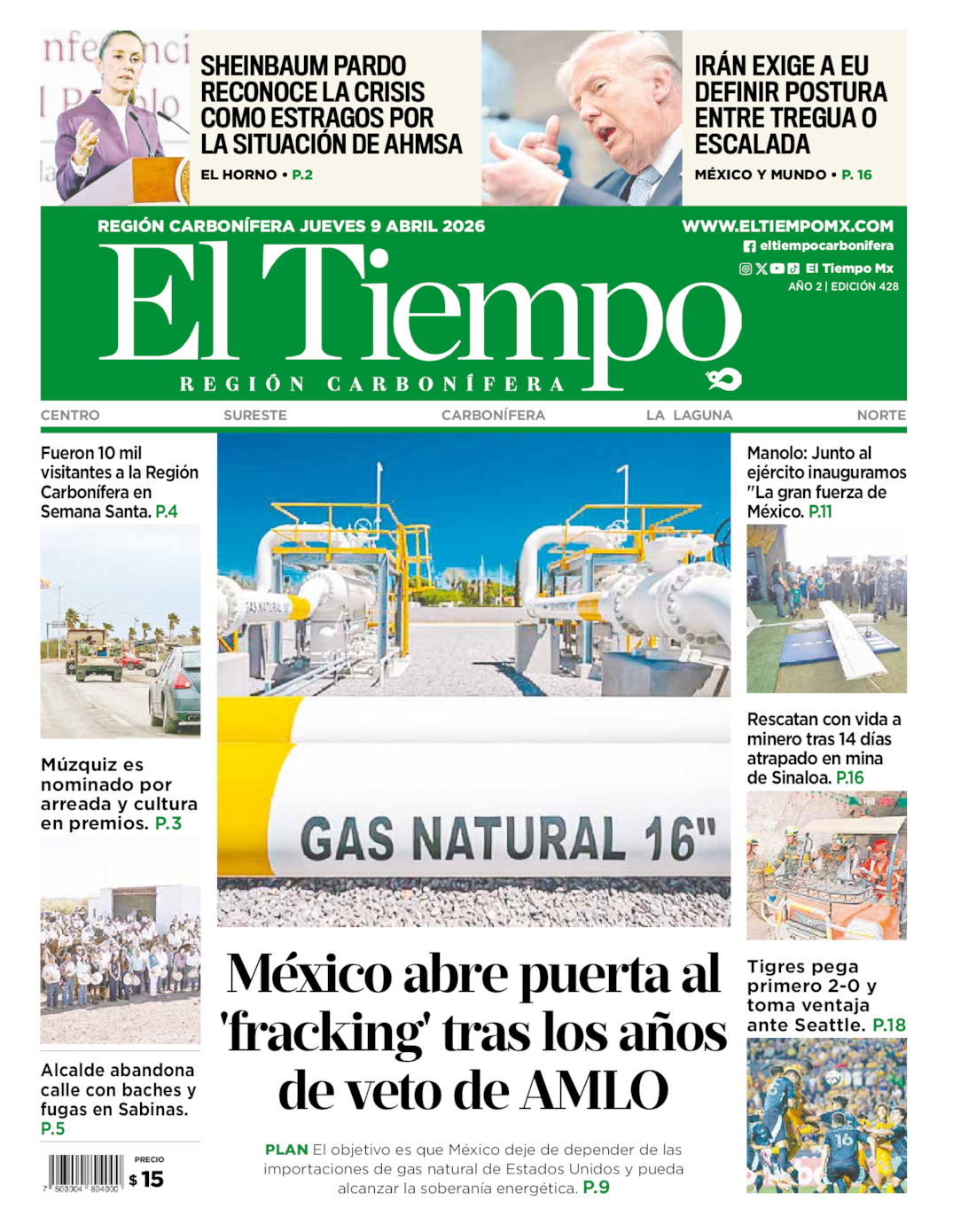 Edición impresa: Portada del jueves 09 de abril de 2026, El Tiempo región <strong>Carbonífera</strong>