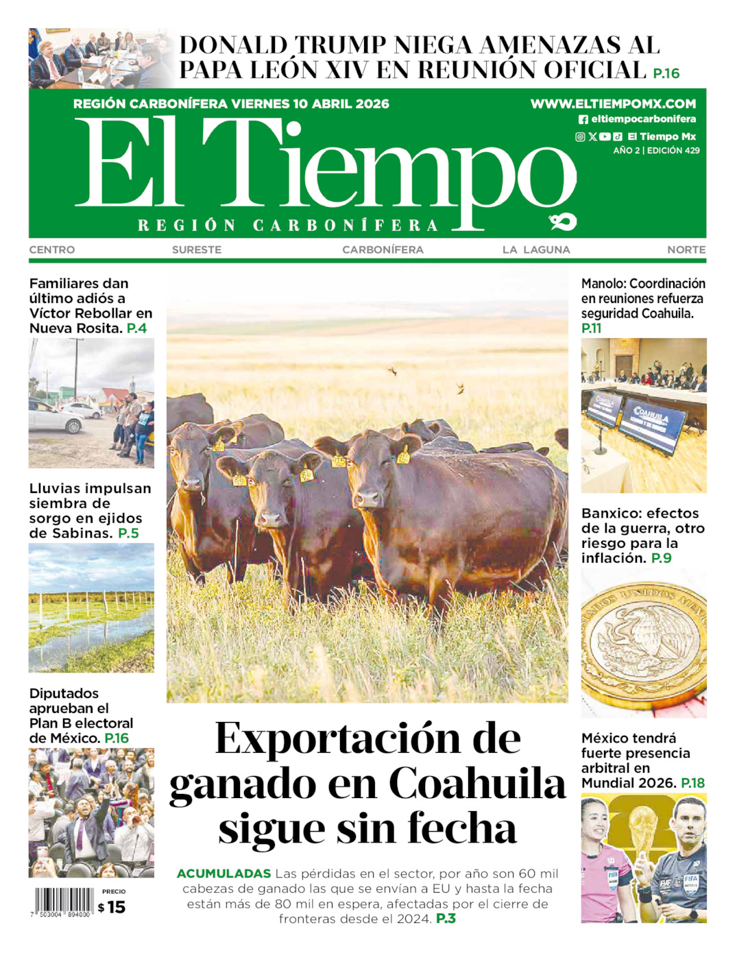 Edición impresa: Portada del viernes 10 de abril de 2026, El Tiempo región <strong>Carbonífera</strong>