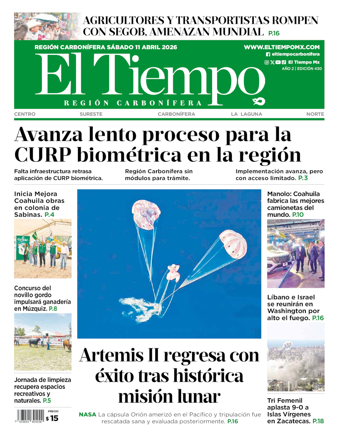 Edición impresa: Portada del sábado 11 de abril de 2026, El Tiempo región <strong>Carbonífera</strong>