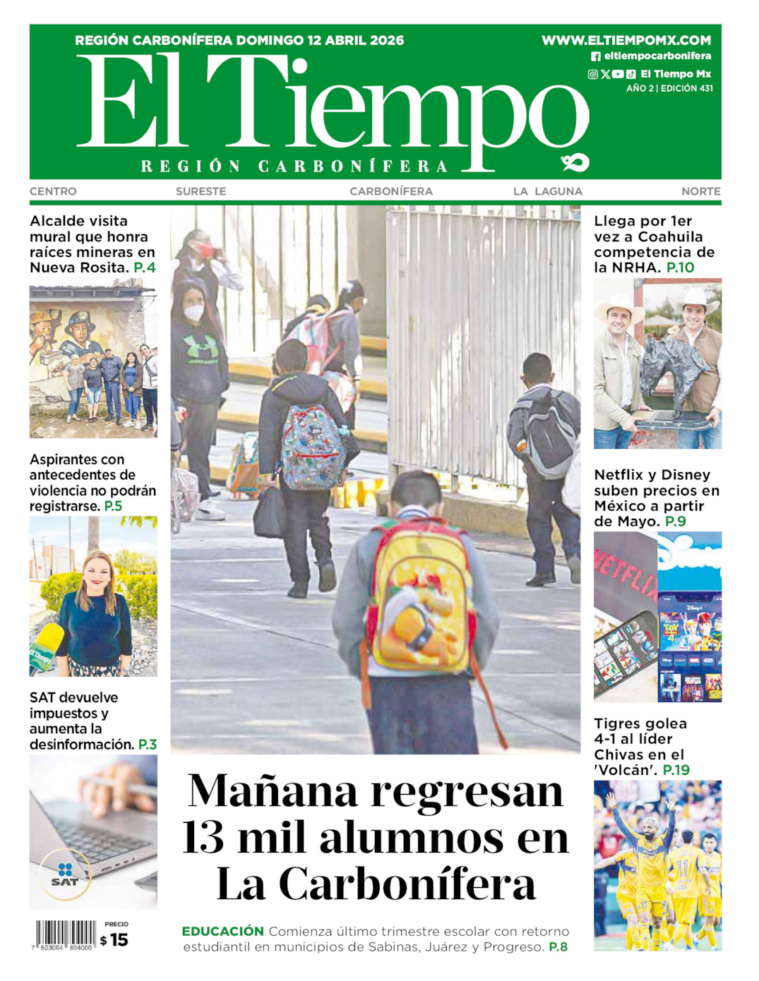 Edición impresa: Portada del domingo 12 de abril de 2026, El Tiempo región <strong>Carbonífera</strong>