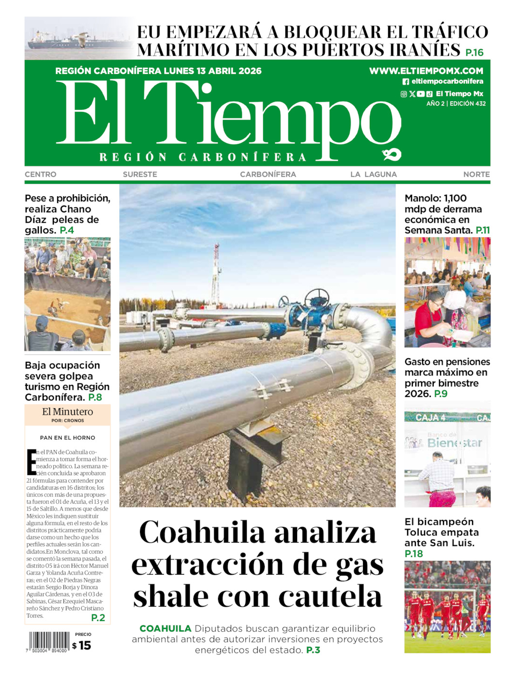 Edición impresa: Portada del lunes 13 de abril de 2026, El Tiempo región <strong>Carbonífera</strong>