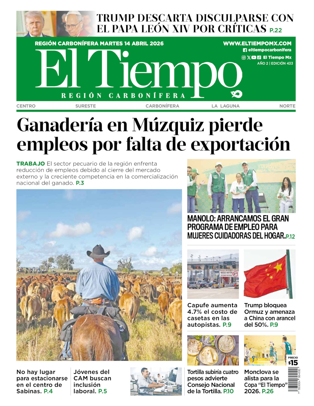 Edición impresa: Portada del martes 14 de abril de 2026, El Tiempo región <strong>Carbonífera</strong>