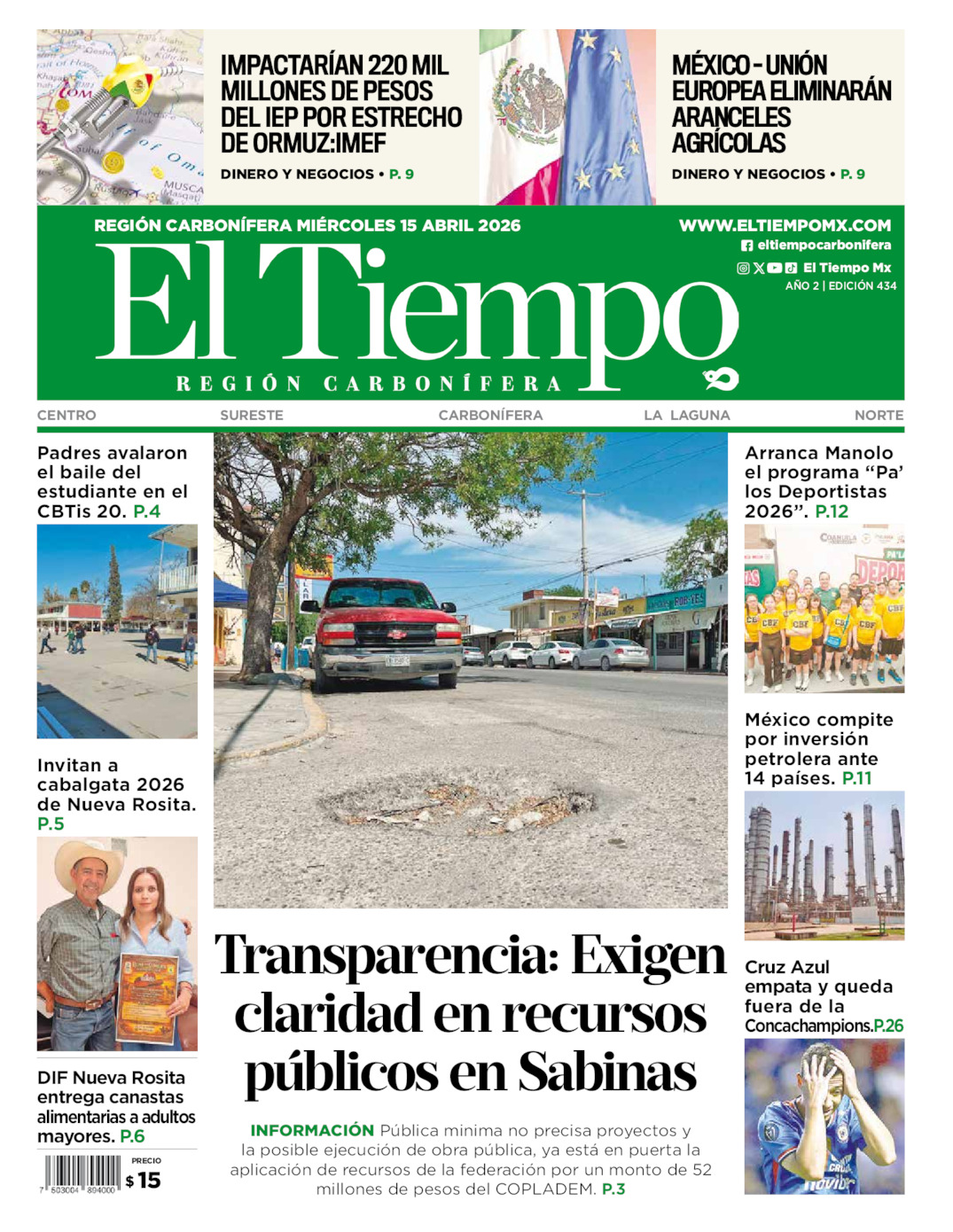 Edición impresa: Portada del miércoles 15 de abril de 2026, El Tiempo región <strong>Carbonífera</strong>