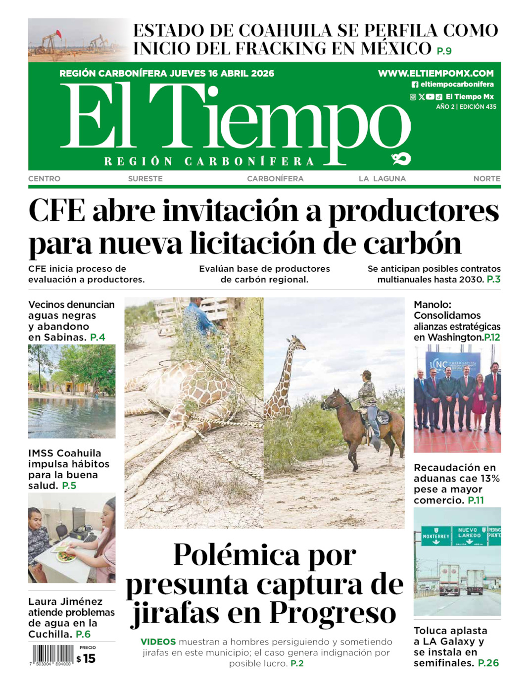 Edición impresa: Portada del jueves 16 de abril de 2026, El Tiempo región <strong>Carbonífera</strong>