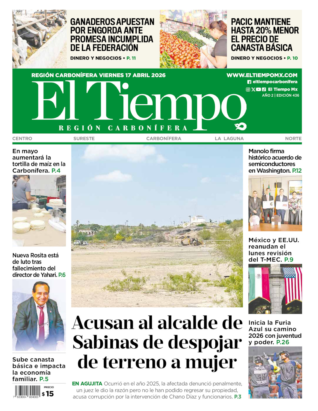 Edición impresa: Portada del viernes 17 de abril de 2026, El Tiempo región <strong>Carbonífera</strong>