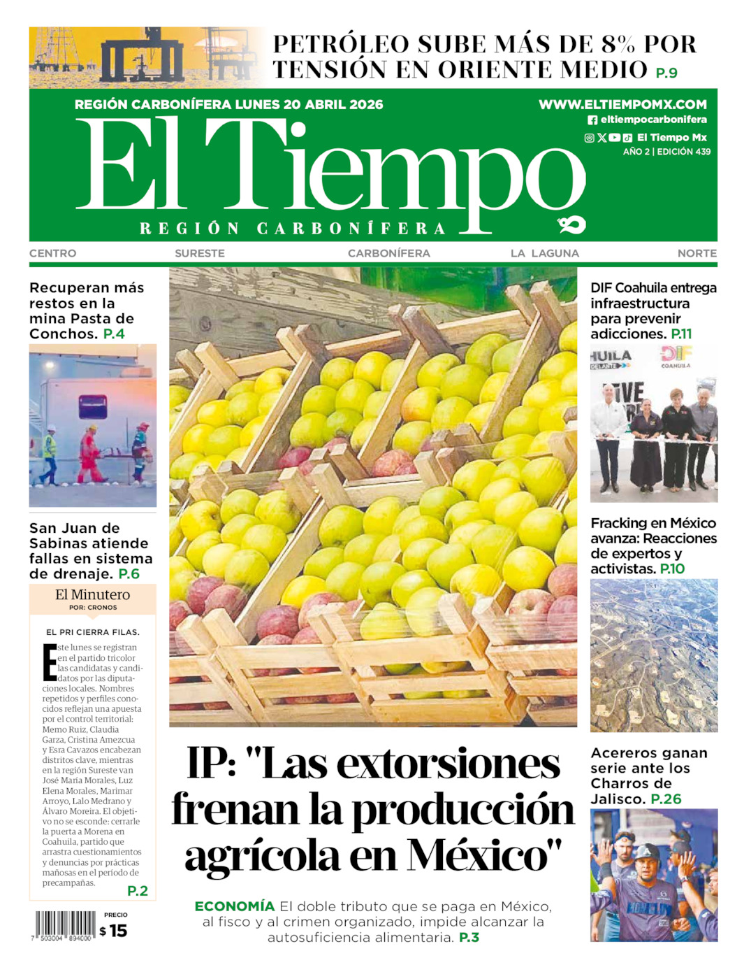 Edición impresa: Portada del lunes 20 de abril de 2026, El Tiempo región <strong>Carbonífera</strong>