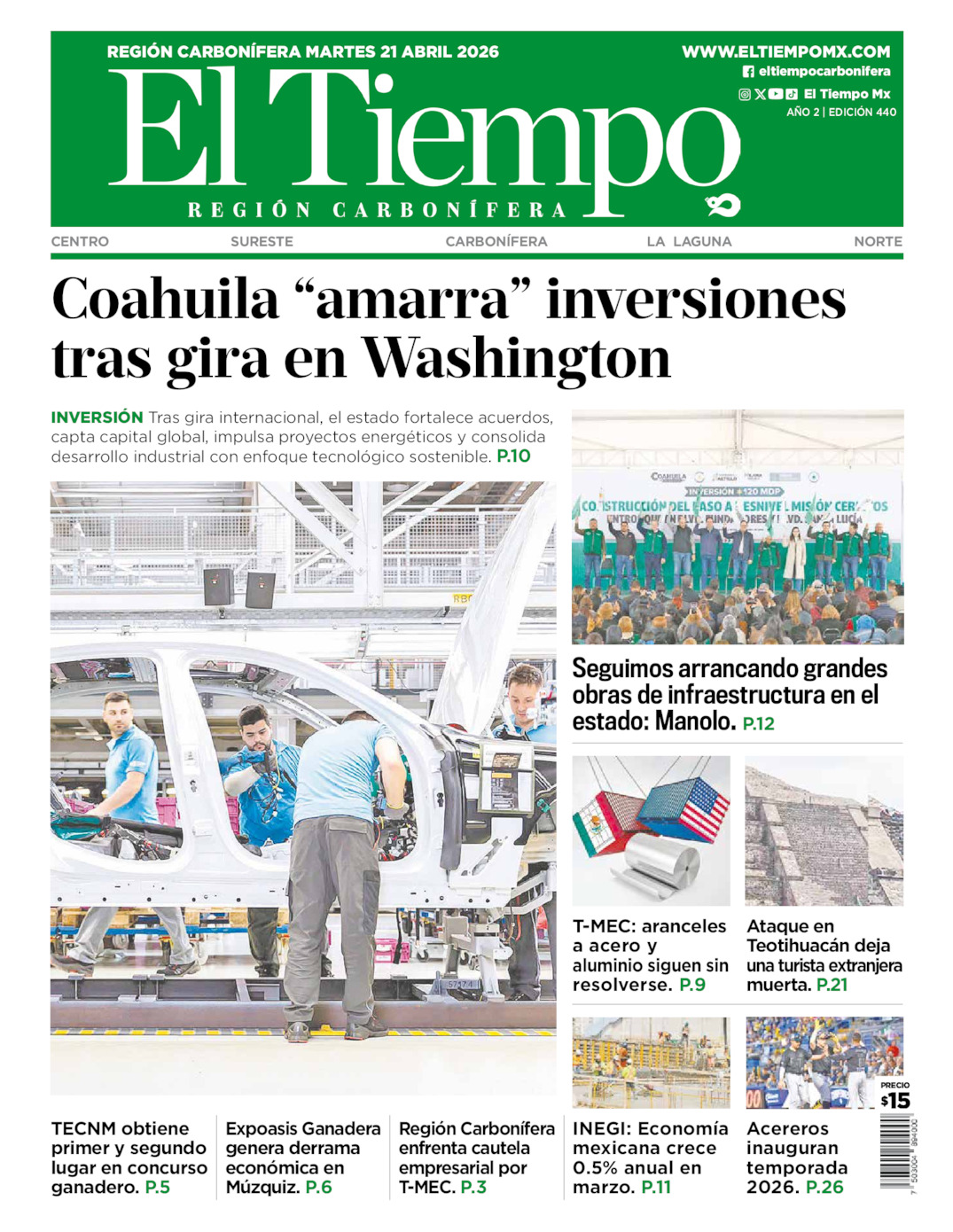 Edición impresa: Portada del martes 21 de abril de 2026, El Tiempo región <strong>Carbonífera</strong>