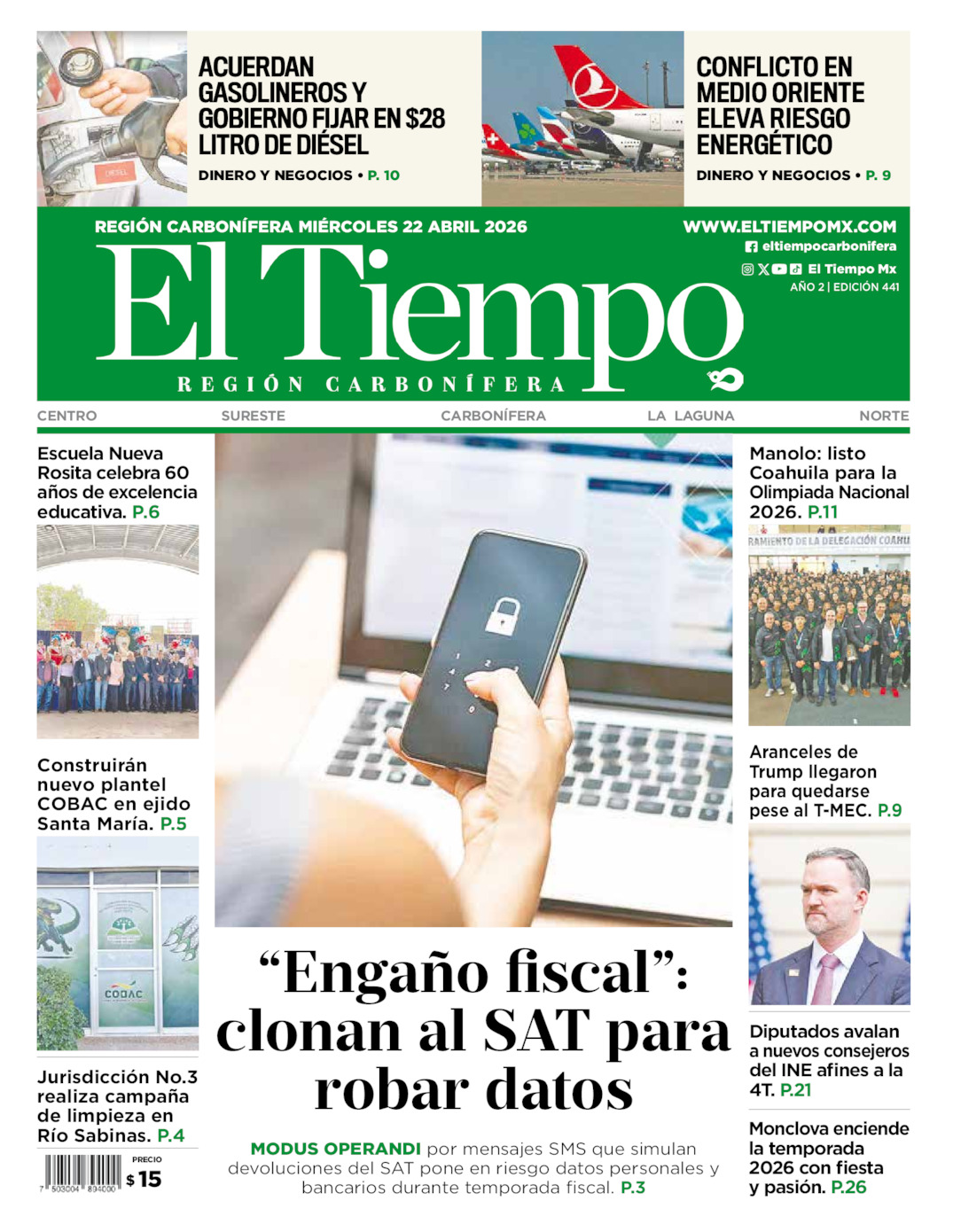 Edición impresa: Portada del miércoles 22 de abril de 2026, El Tiempo región <strong>Carbonífera</strong>