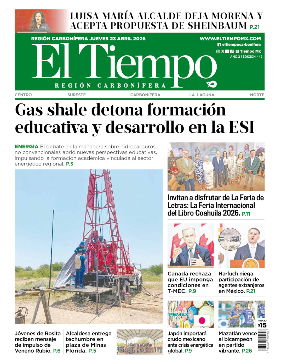 Edición impresa: Portada del jueves 23 de abril de 2026, El Tiempo región <strong>Carbonífera</strong>
