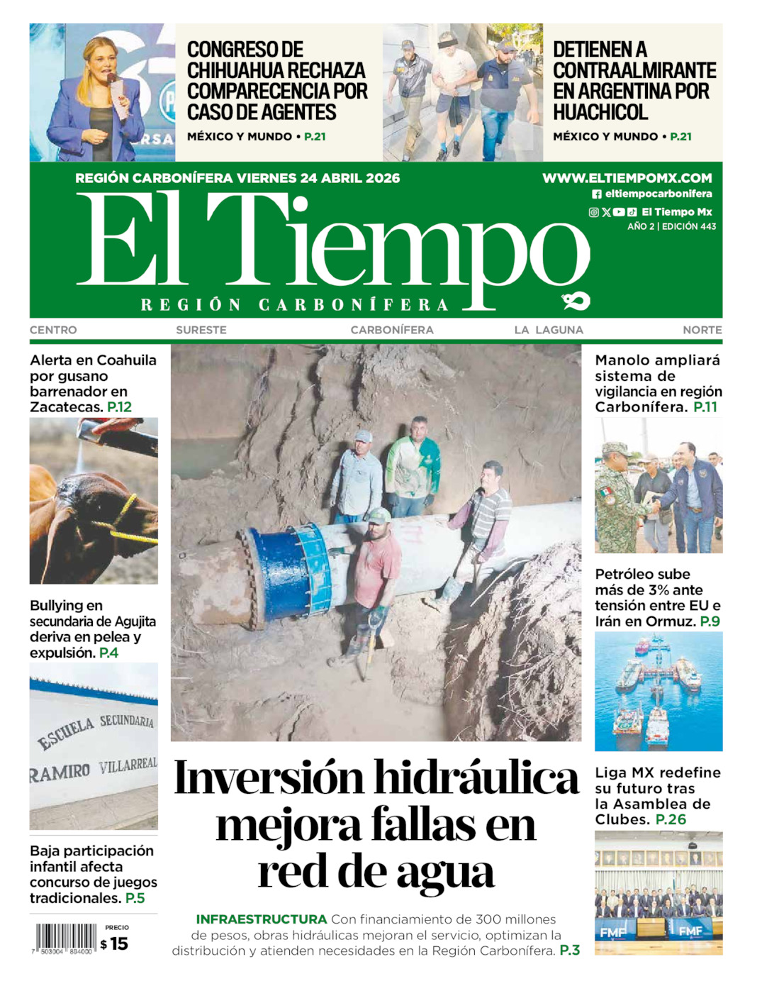 Edición impresa: Portada del viernes 24 de abril de 2026, El Tiempo región <strong>Carbonífera</strong>