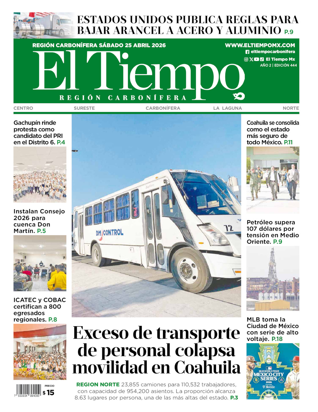Edición impresa: Portada del sábado 25 de abril de 2026, El Tiempo región <strong>Carbonífera</strong>