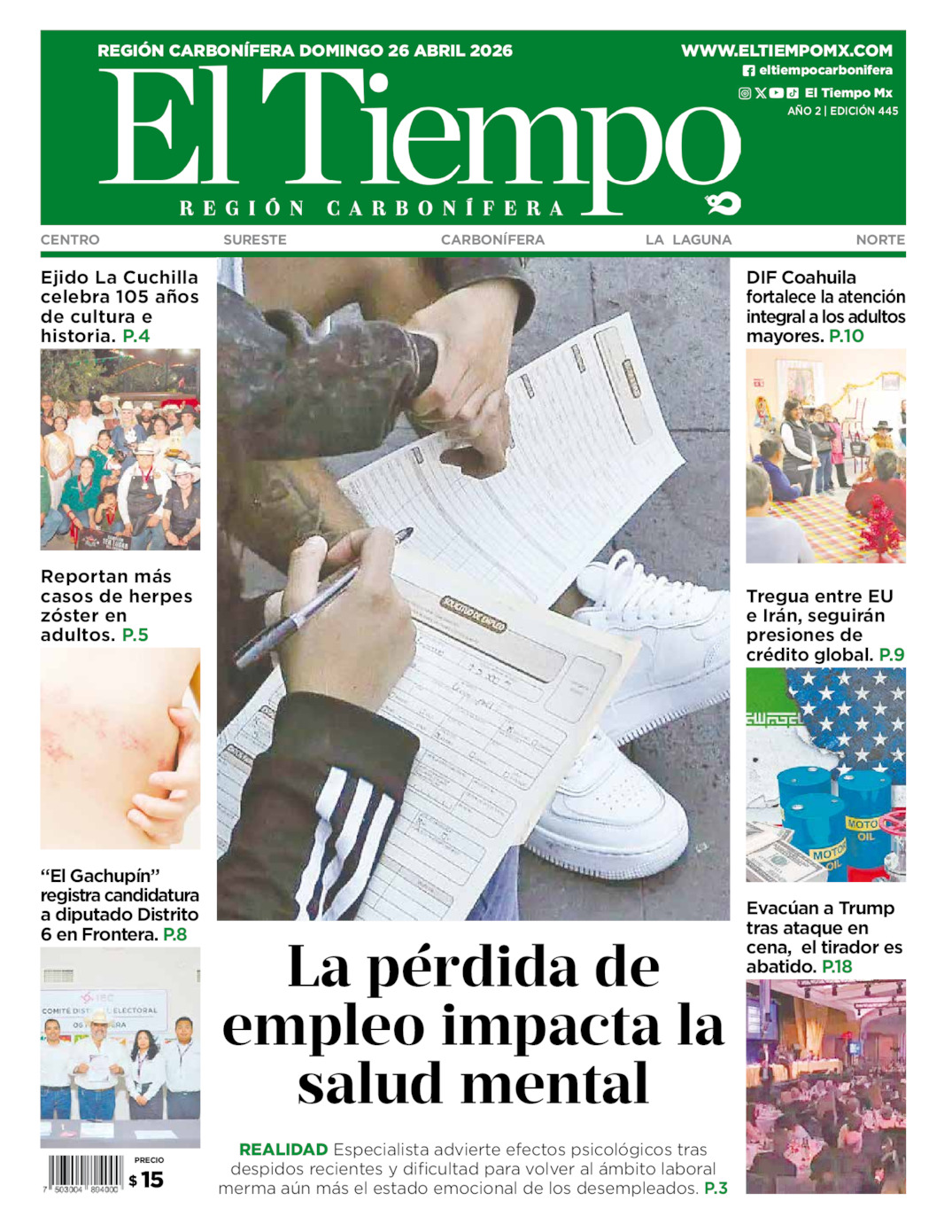 Edición impresa: Portada del domingo 26 de abril de 2026, El Tiempo región <strong>Carbonífera</strong>
