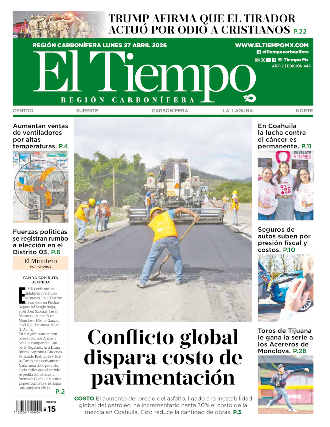 Edición impresa: Portada del lunes 27 de abril de 2026, El Tiempo región <strong>Carbonífera</strong>