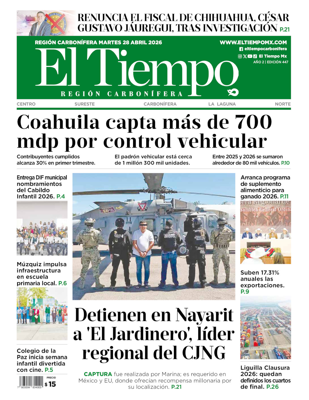 Edición impresa: Portada del martes 28 de abril de 2026, El Tiempo región <strong>Carbonífera</strong>