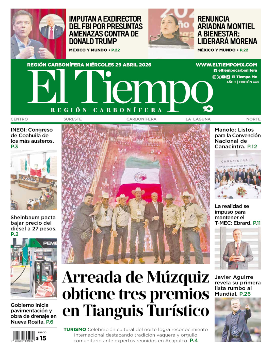 Edición impresa: Portada del miércoles 29 de abril de 2026, El Tiempo región <strong>Carbonífera</strong>