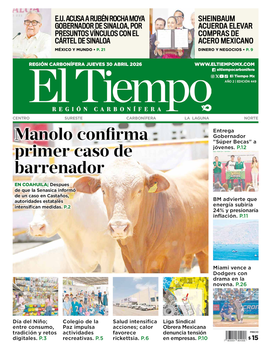 Edición impresa: Portada del jueves 30 de abril de 2026, El Tiempo región <strong>Carbonífera</strong>