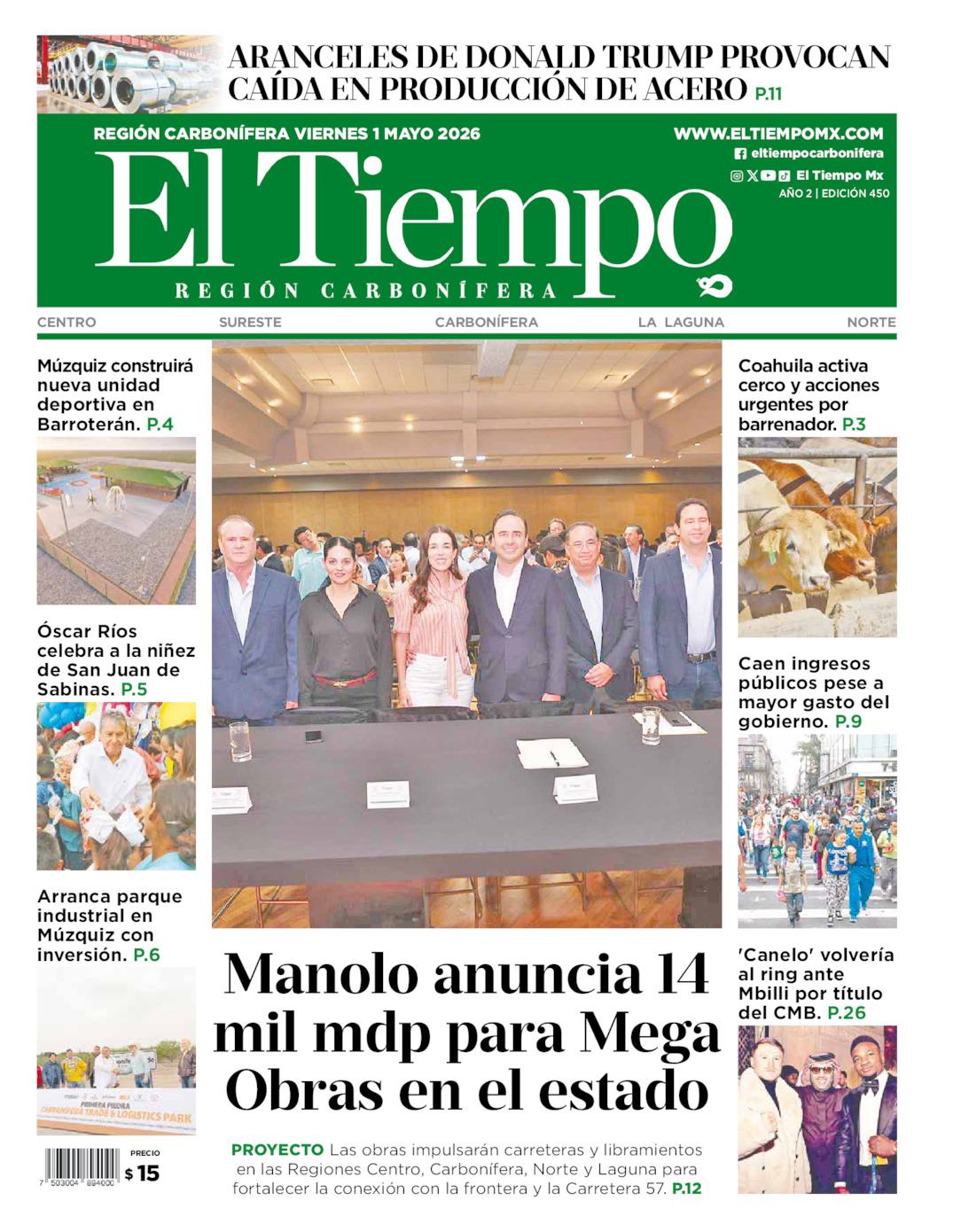Edición impresa: Portada del viernes 01 de mayo de 2026, El Tiempo región <strong>Carbonífera</strong>