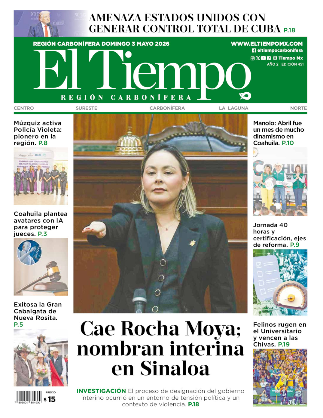 Edición impresa: Portada del domingo 03 de mayo de 2026, El Tiempo región <strong>Carbonífera</strong>
