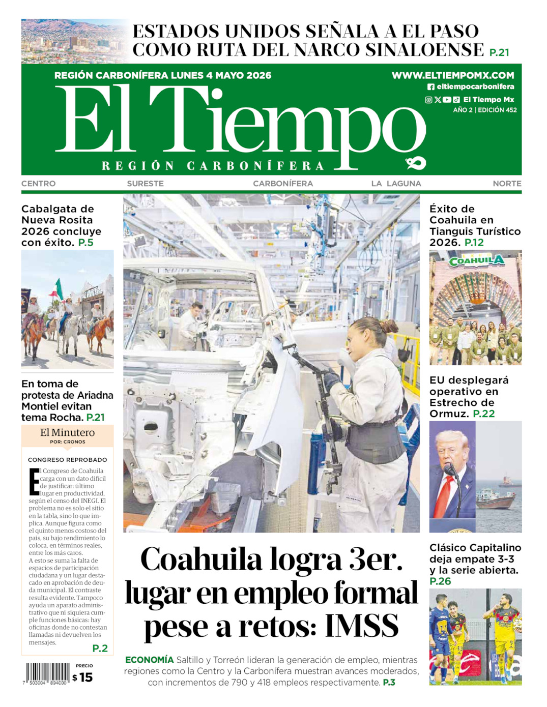 Edición impresa: Portada del lunes 04 de mayo de 2026, El Tiempo región <strong>Carbonífera</strong>