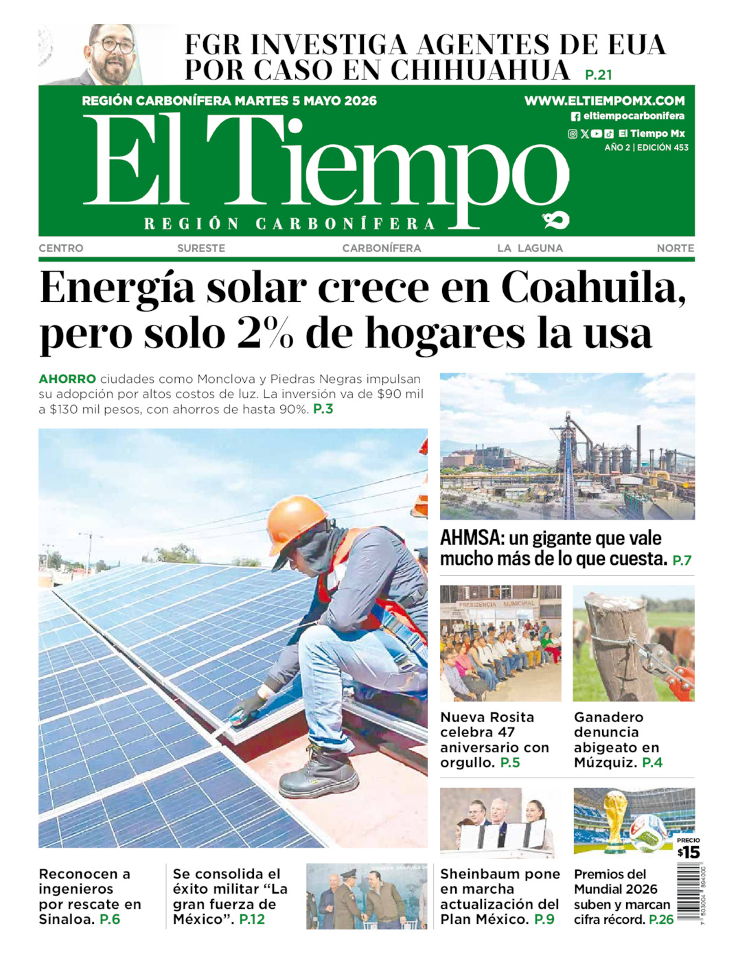 Edición impresa: Portada del martes 05 de mayo de 2026, El Tiempo región <strong>Carbonífera</strong>