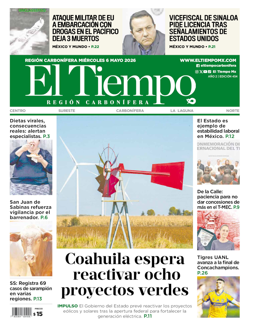 Edición impresa: Portada del miércoles 06 de mayo de 2026, El Tiempo región <strong>Carbonífera</strong>