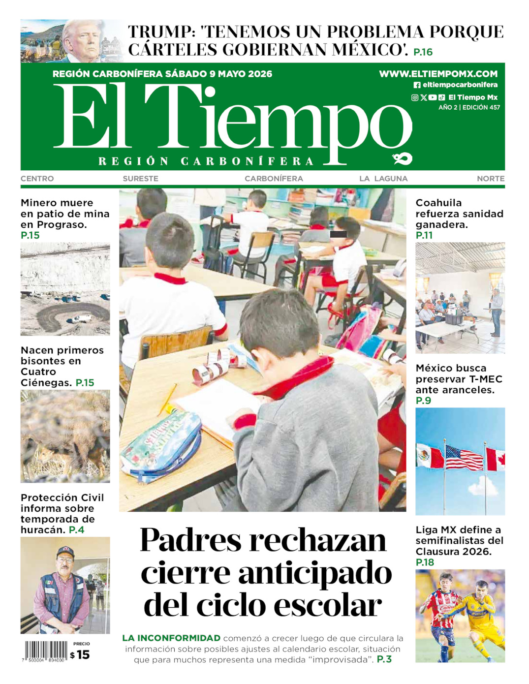 Edición impresa: Portada del sábado 09 de mayo de 2026, El Tiempo región <strong>Carbonífera</strong>