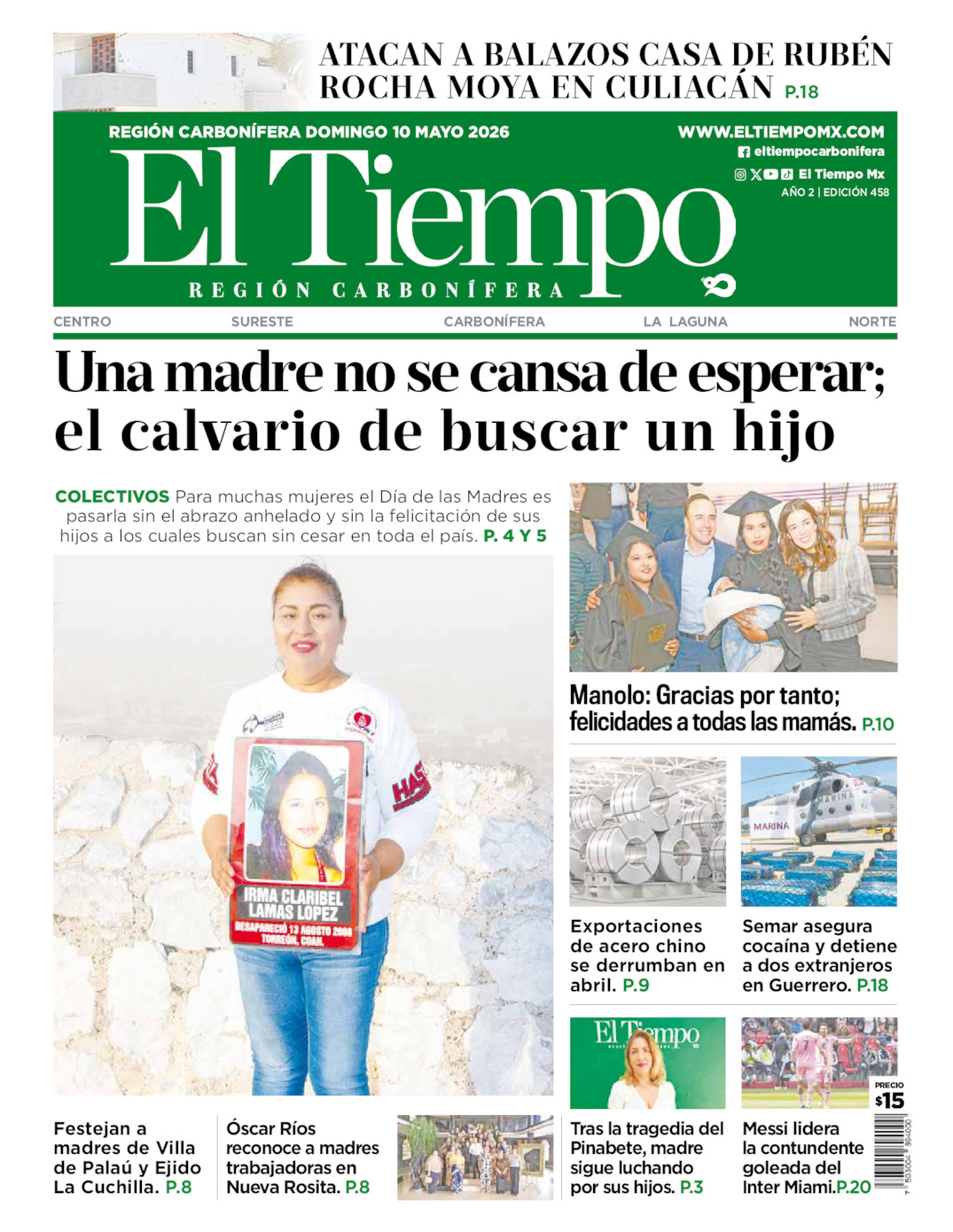 Edición impresa: Portada del domingo 10 de mayo de 2026, El Tiempo región <strong>Carbonífera</strong>